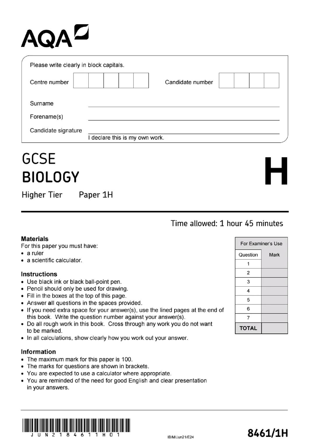GCSE Biology: Exam Paper 1
