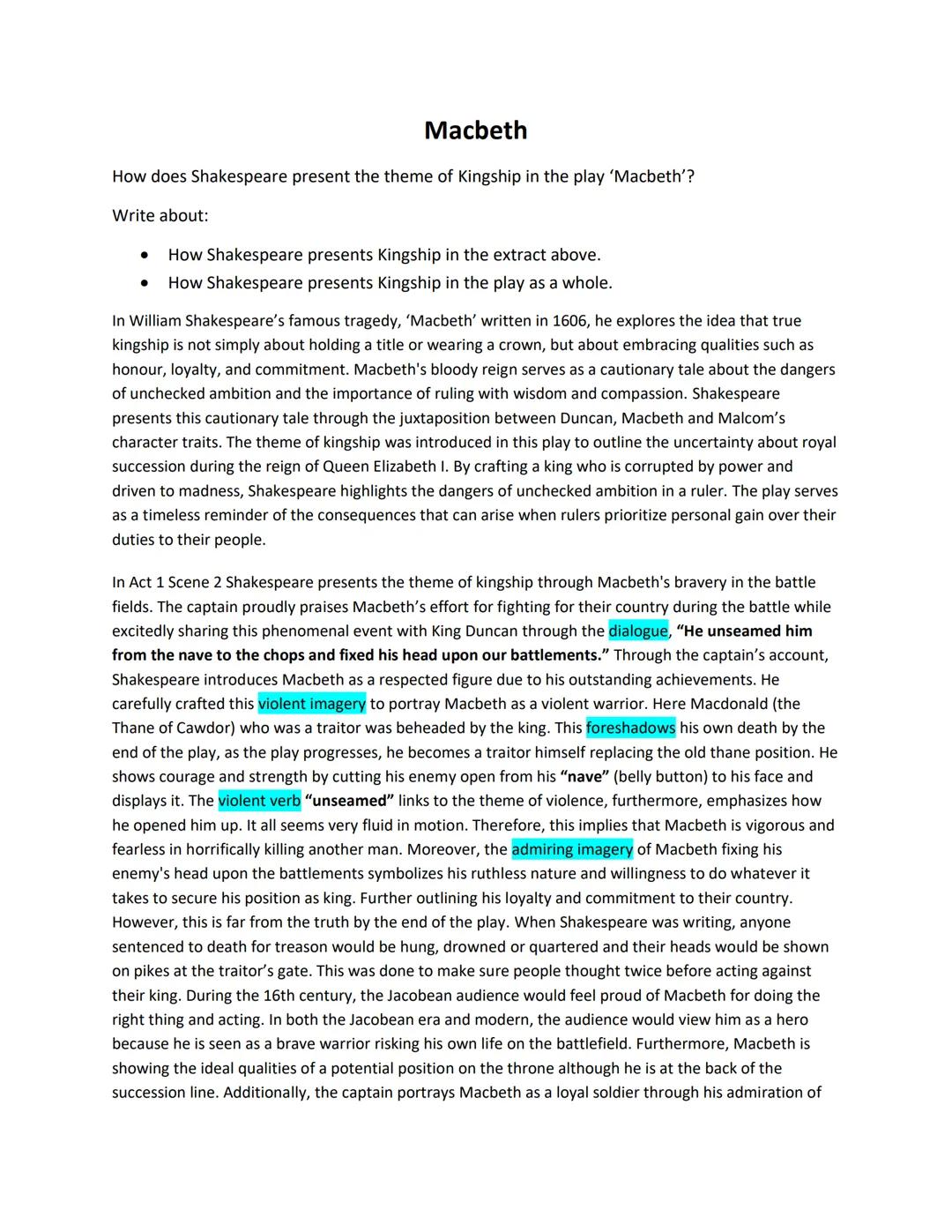 Macbeth
How does Shakespeare present the theme of Kingship in the play 'Macbeth'?
Write about:
. How Shakespeare presents Kingship in the ex