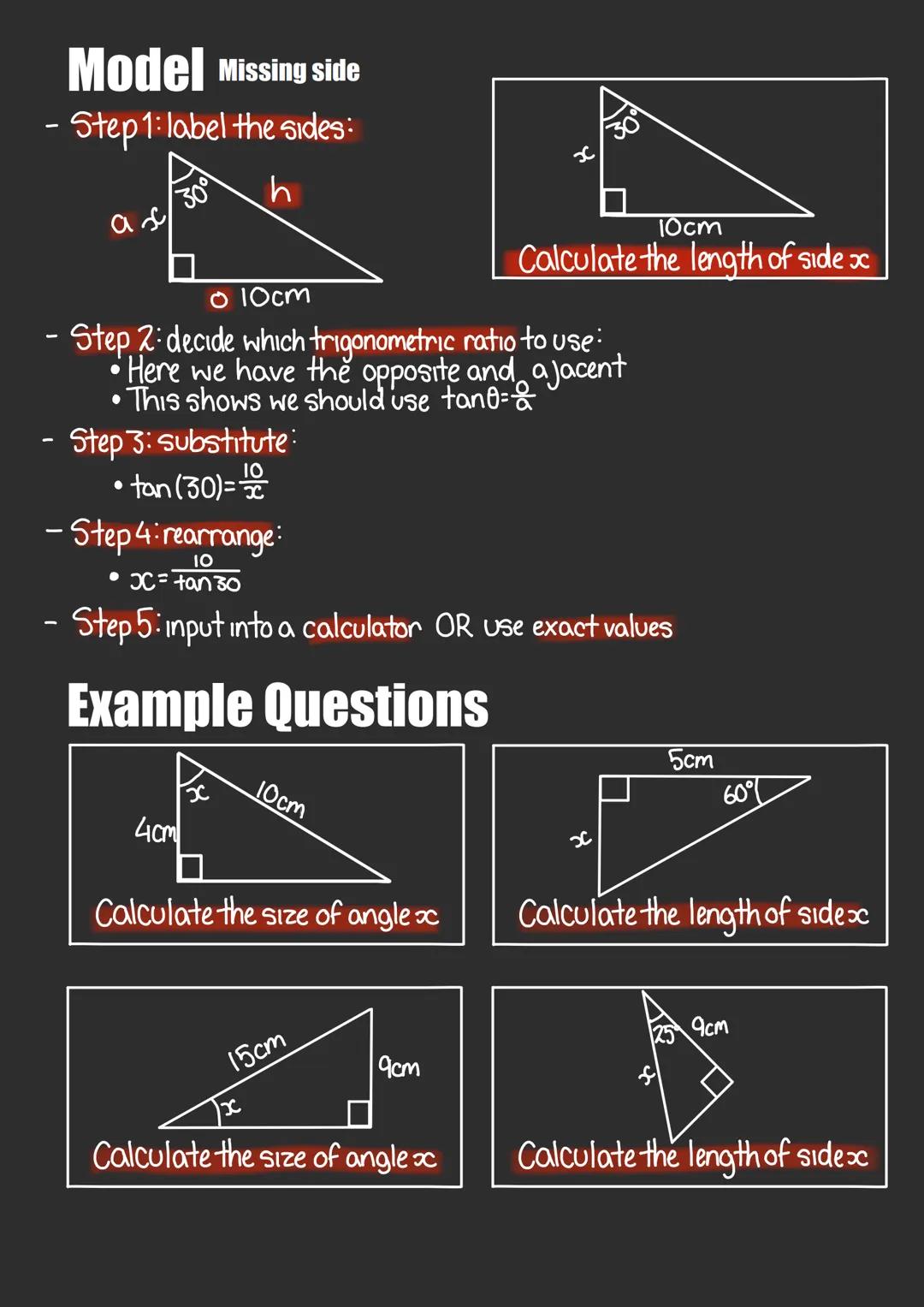 Trigonometry
Triangle
- Hypotenuse: opposite right angle & is the longest side
Opposite opposite the given/wanted angle
-Ajacent between the