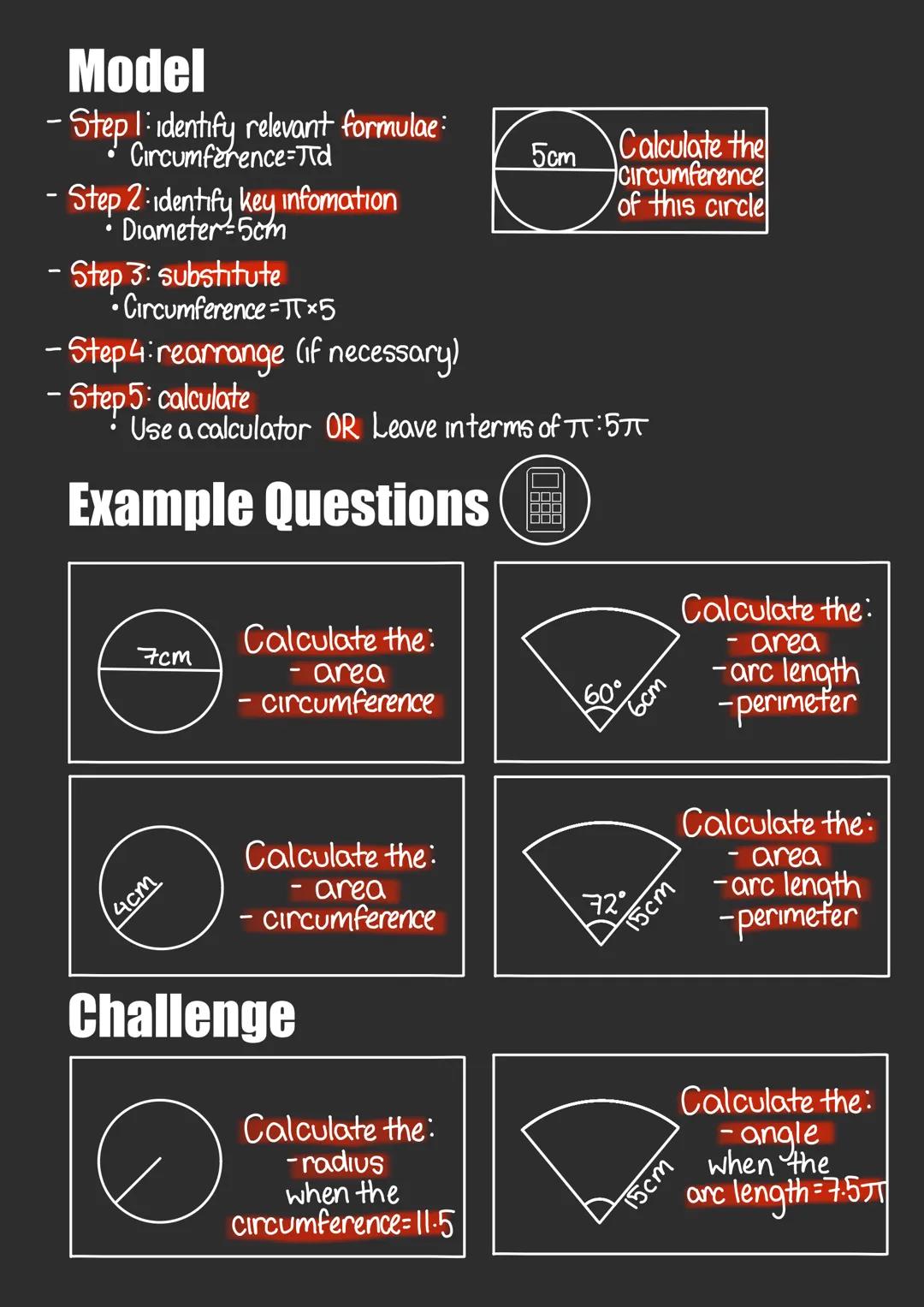 Circles
Parts of a circle
Name
Radius
Diameter โ
Circumference
Arc
Formulae
Diagram
Name
Diagram
Chord
Tangent
Sector
Segment
-There are 5 d