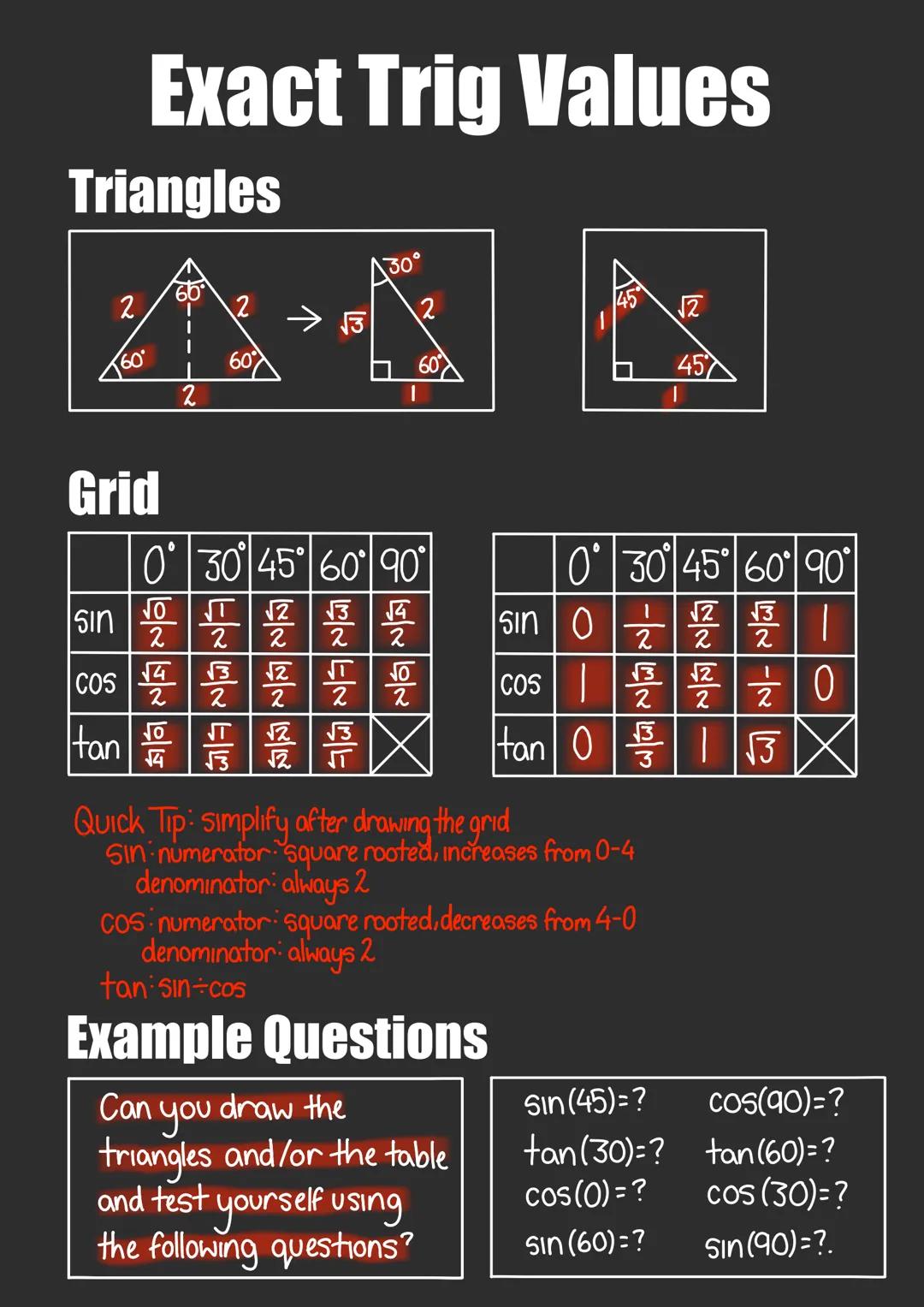 # Exact Trig Values
## Triangles
2
66
2
$
\rightarrow$
30ยฐ
45
2
$
\sqrt{2}$
60
60%
60%
45
2
## Grid
| 0ยฐ | 30ยฐ | 45ยฐ | 60ยฐ