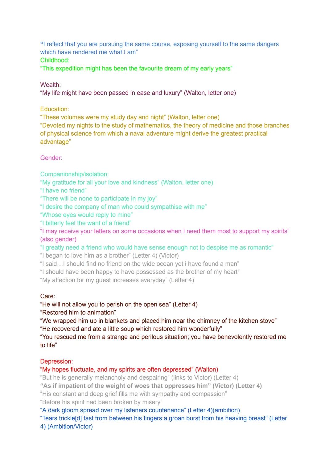 # Frankenstein (Themes in Walton's letters):
Romanticism:
(Letter 1-Walton) "I feel a cold northern breeze play upon my cheeks, which brace