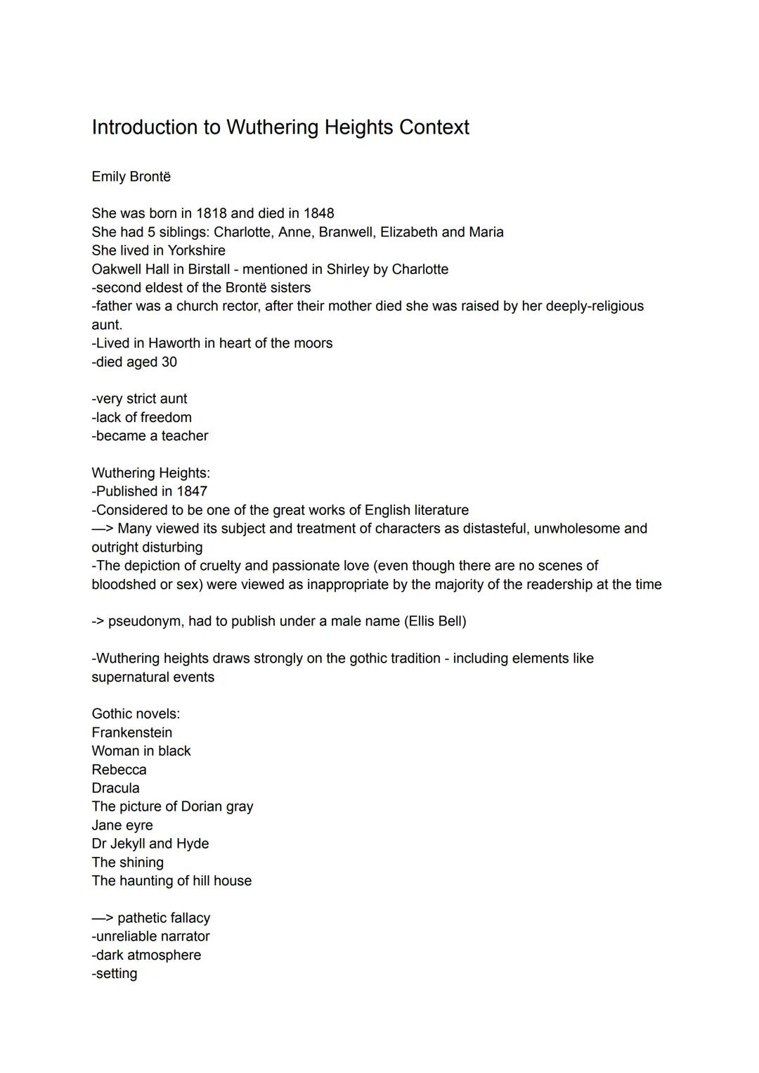 Introduction to Wuthering Heights Context
Emily Brontรซ
She was born in 1818 and died in 1848
She had 5 siblings: Charlotte, Anne, Branwell,