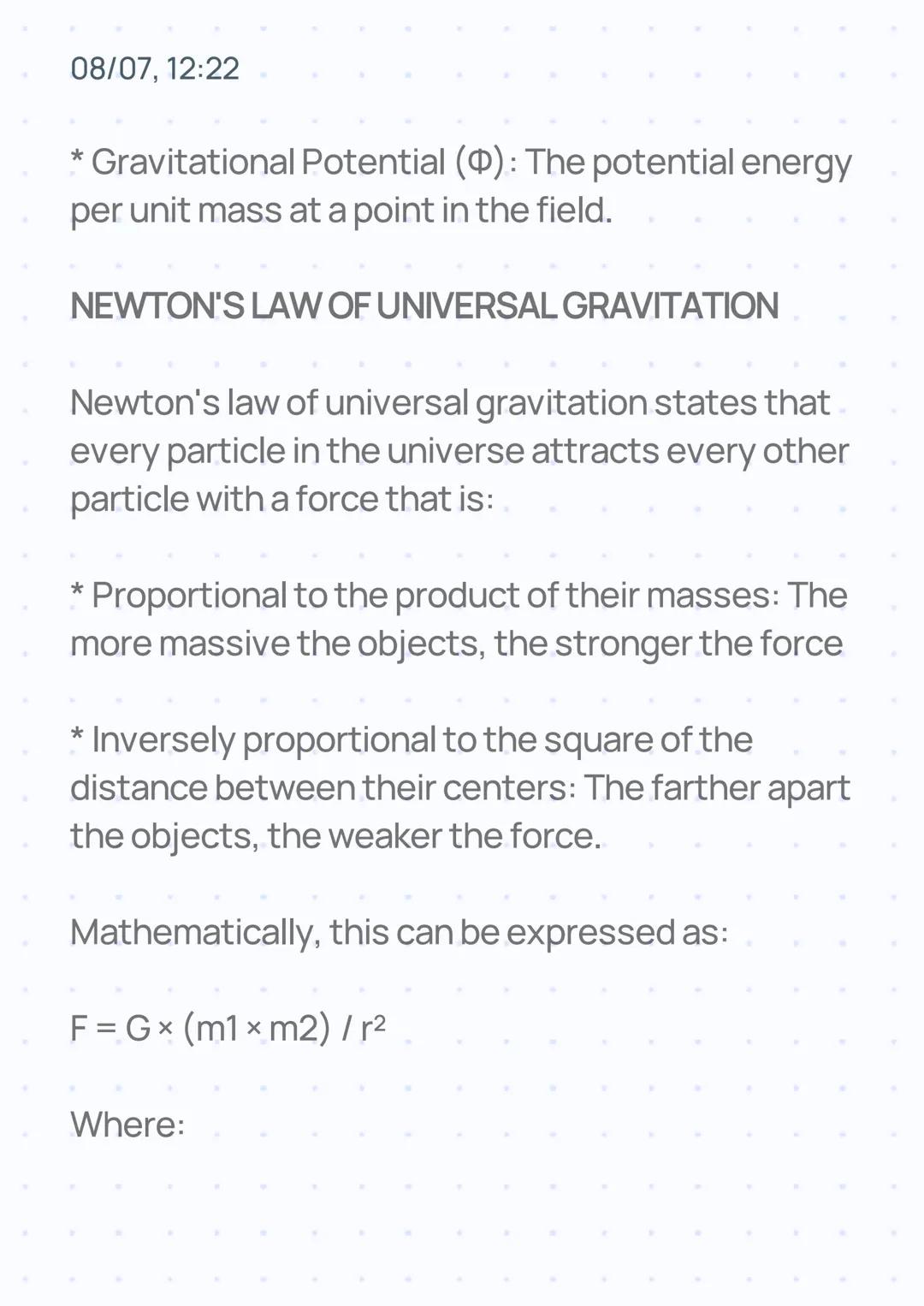 08/07, 12:22
GRAVITATIONAL FIELD
INTRODUCTION
The gravitational field is a fundamental concept in
physics, describing the influence of mass