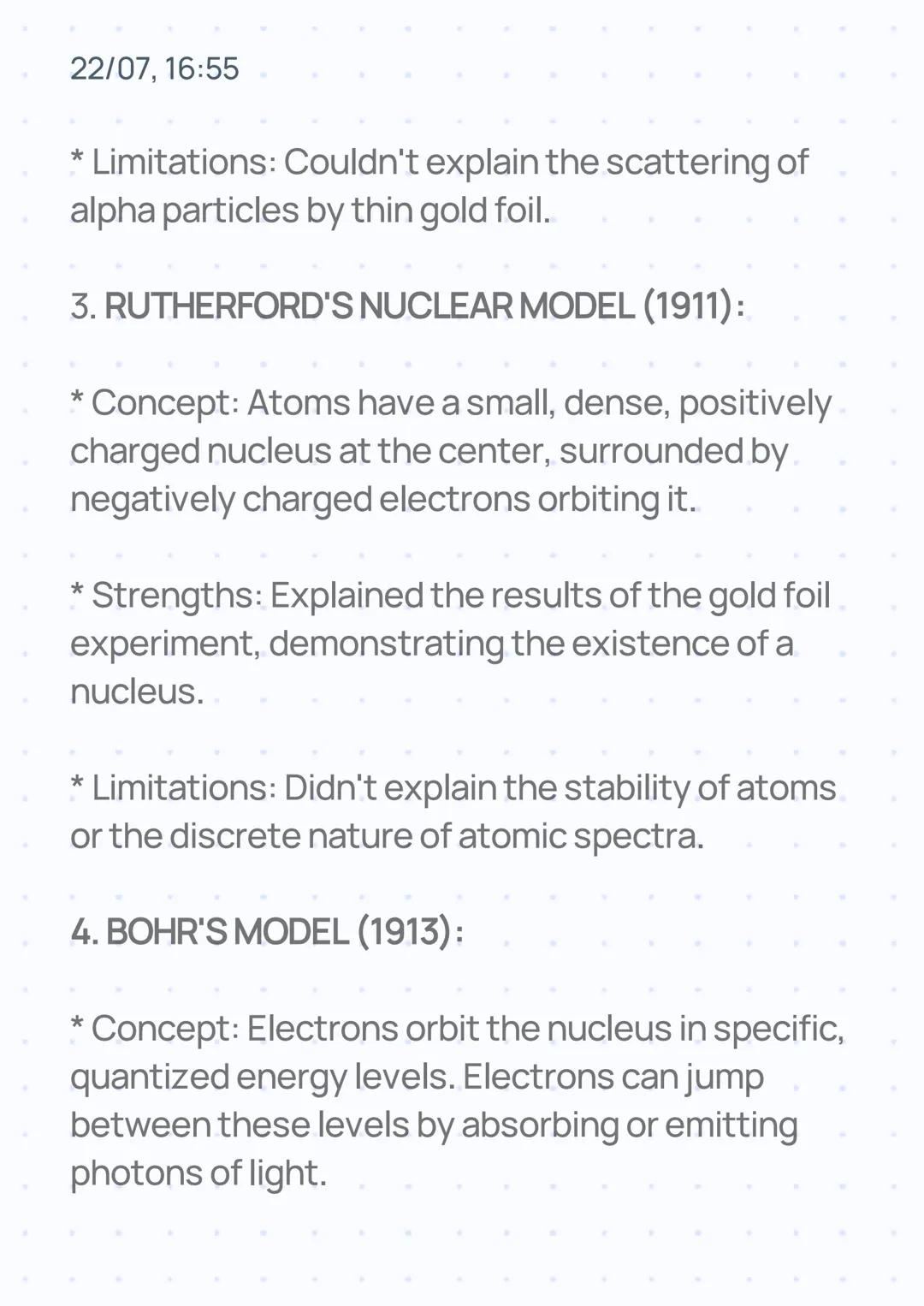 22/07, 16:55
MODELS OF ATOMS
1. DALTON'S ATOMIC MODEL (1803):
* Concept: Atoms are indivisible, solid spheres.
*
Strengths: Explained the la
