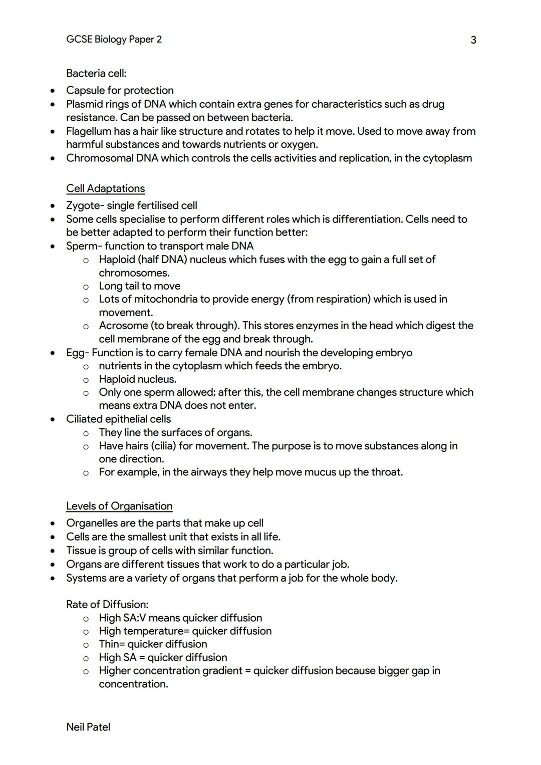 EDEXCEL 9-1 GCSE BIOLOGY PAPER
2 REVISION NOTES
Neil Patel GCSE Biology Paper 2
Key Concepts in Biology
Cells
Criteria-
Movement
Respiration