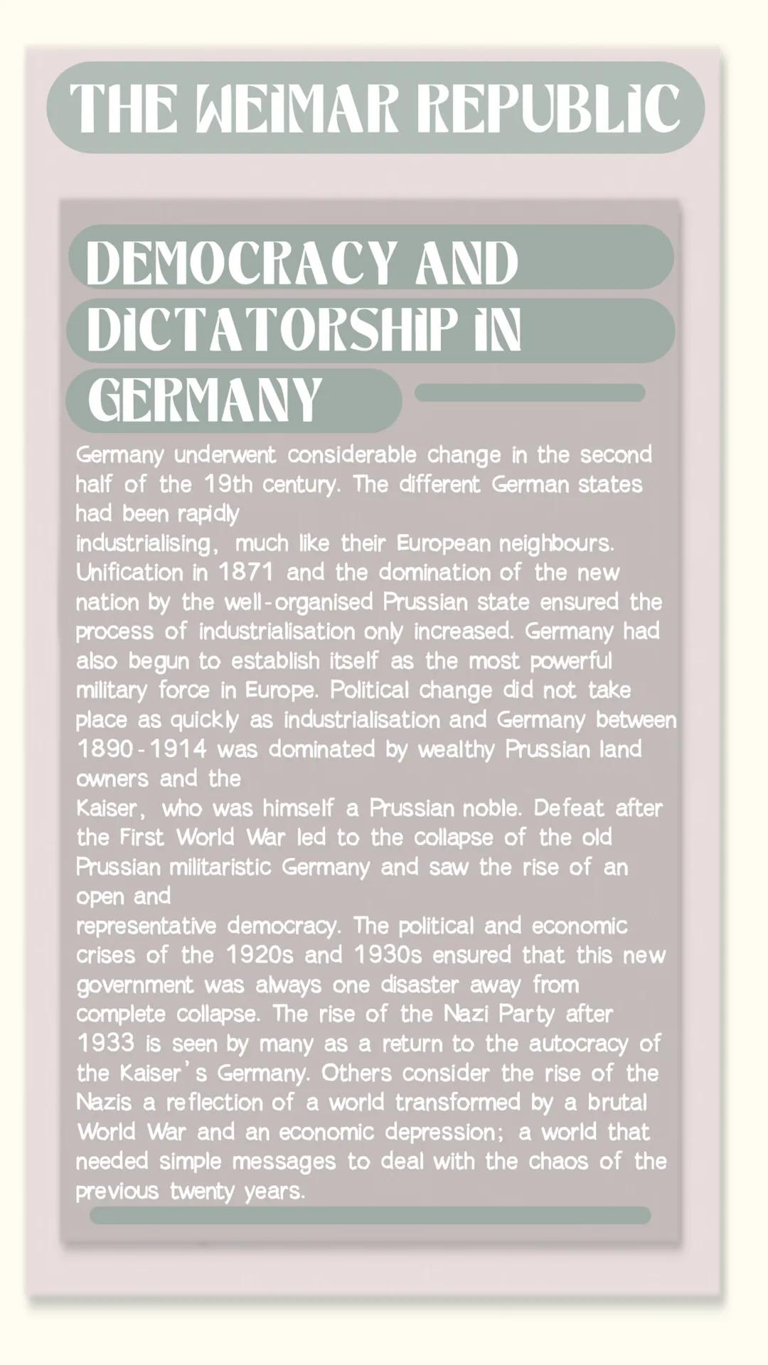 THE WEIMAR REPUBLIC
DEMOCRACY AND
DICTATORSHIP IN
GERMANY
Germany underwent considerable change in the second
half of the 19th century. The
