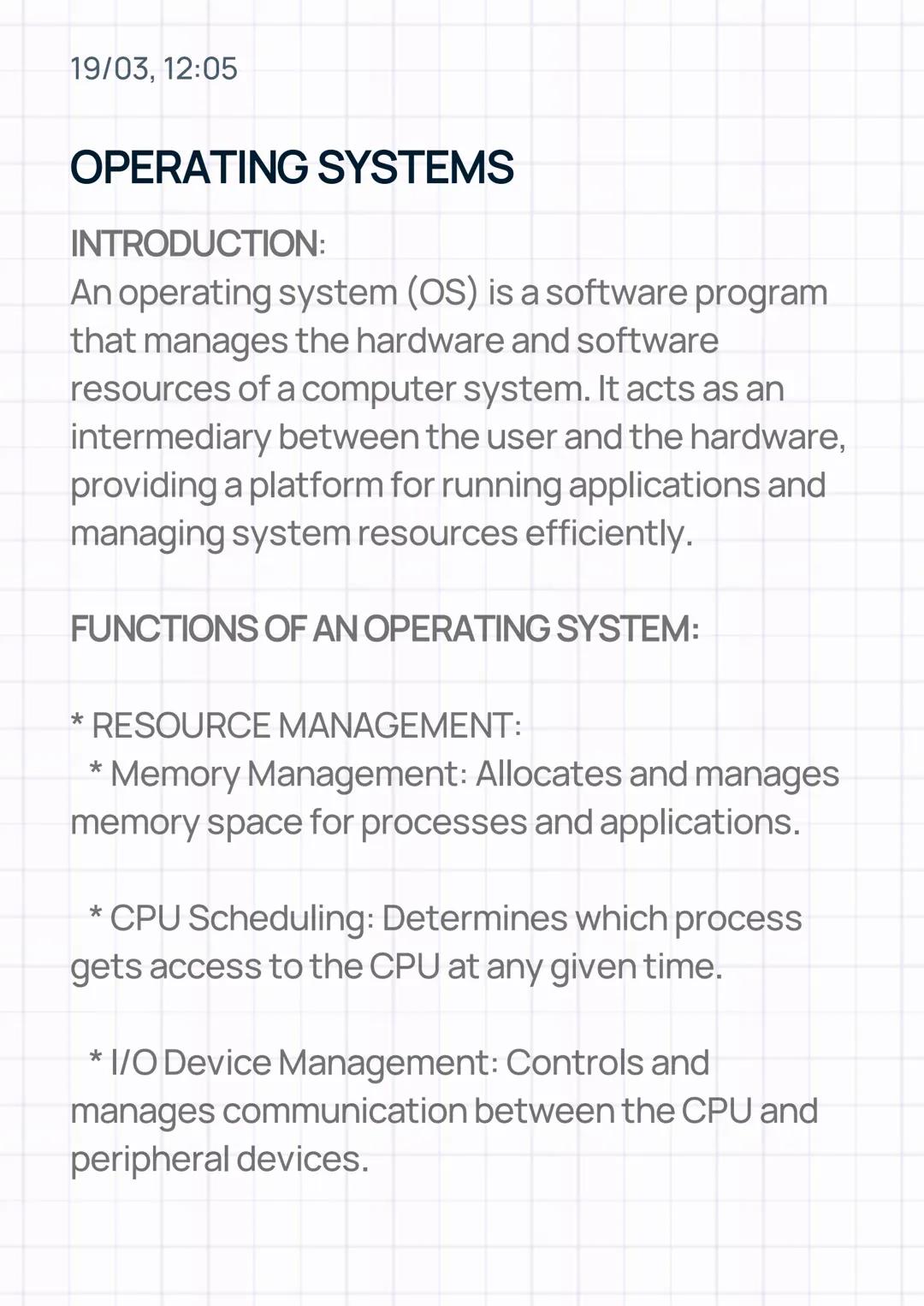 19/03, 12:05
OPERATING SYSTEMS
INTRODUCTION:
An operating system (OS) is a software program
that manages the hardware and software
resources