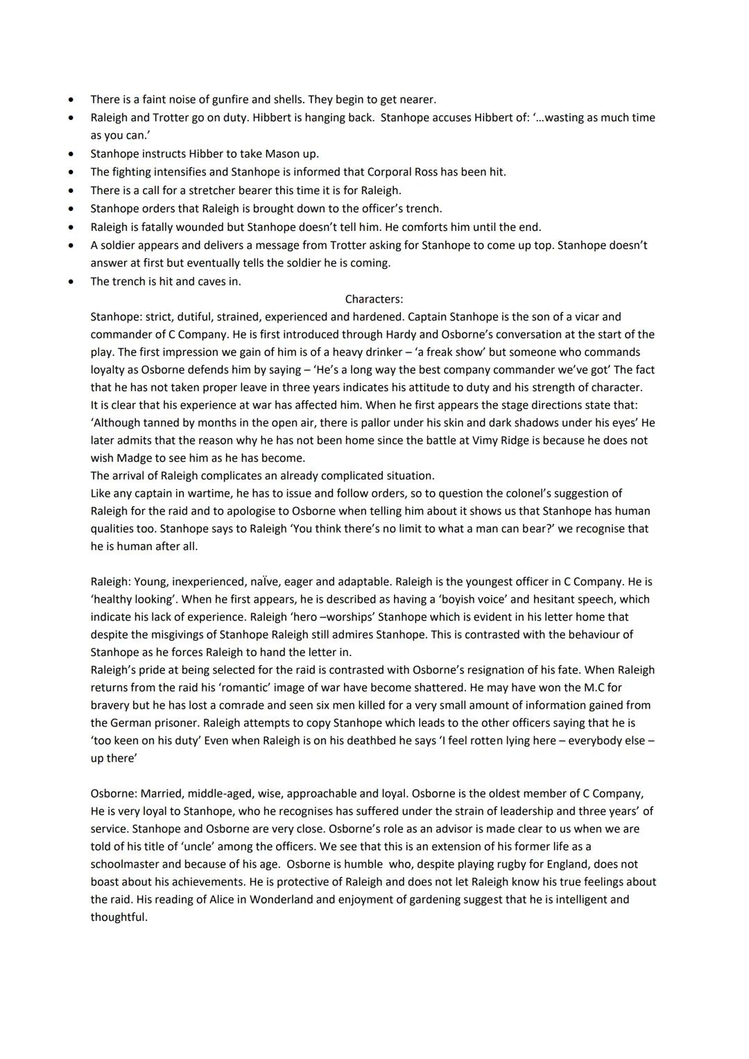 .
Journey's End Scene Summary:
Act 1.
Conversation between Osborne and Hardy about the handing over of the trench.
Hardy mentions Stanhope a