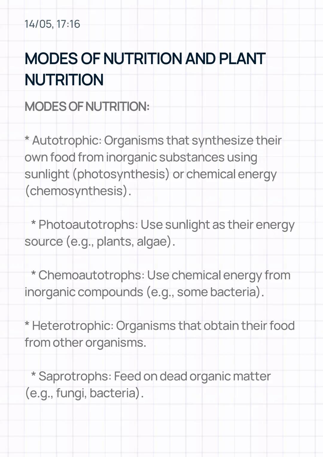 14/05, 17:16
MODES OF NUTRITION AND PLANT
NUTRITION
MODES OF NUTRITION:
*
Autotrophic: Organisms that synthesize their
own food from inorgan
