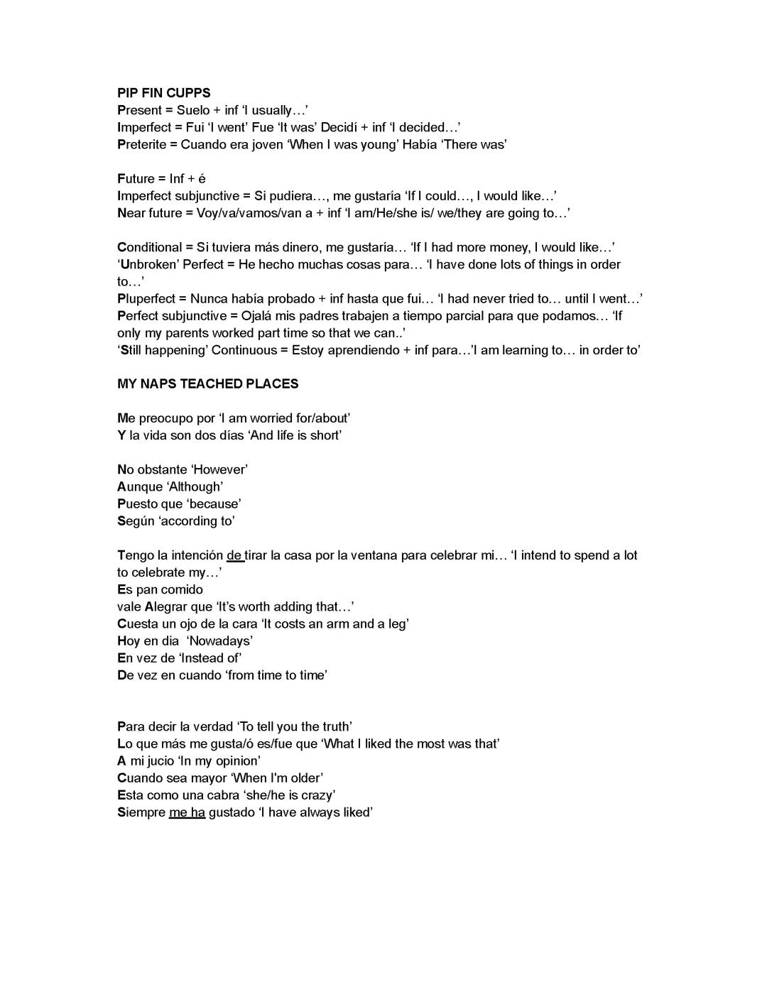 Grade 9 vocabulary for GCSE Spanish Writing