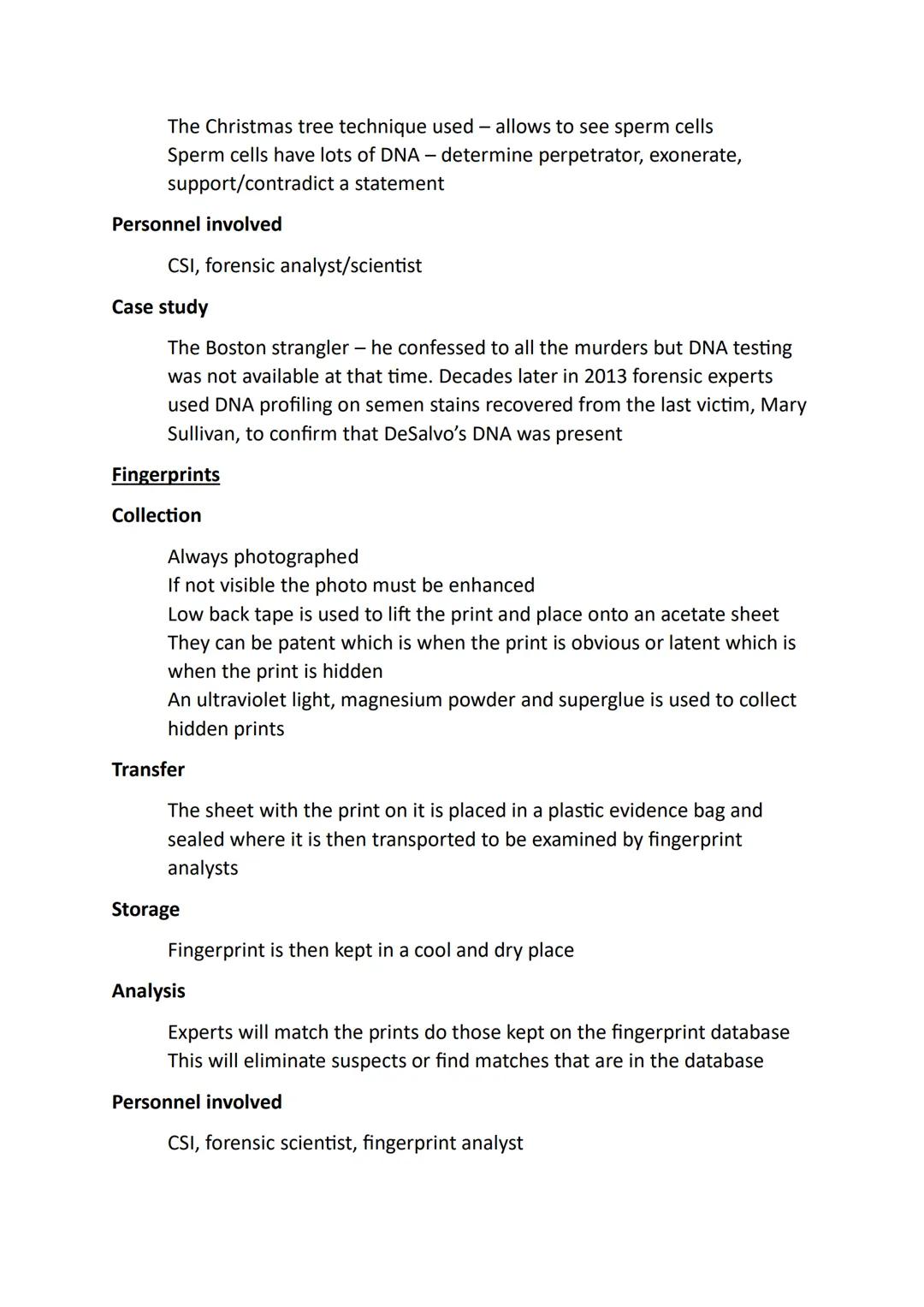 Unit 3 AC1.3 Explain how physical and testimonial evidence
is processed
6 marks / 30 minutes
PHYSICAL EVIDENCE
Blood stains
Collection
Trans