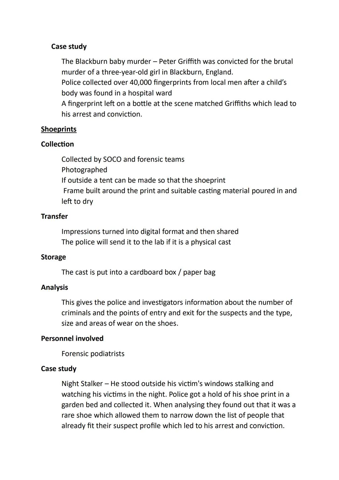 Unit 3 AC1.3 Explain how physical and testimonial evidence
is processed
6 marks / 30 minutes
PHYSICAL EVIDENCE
Blood stains
Collection
Trans
