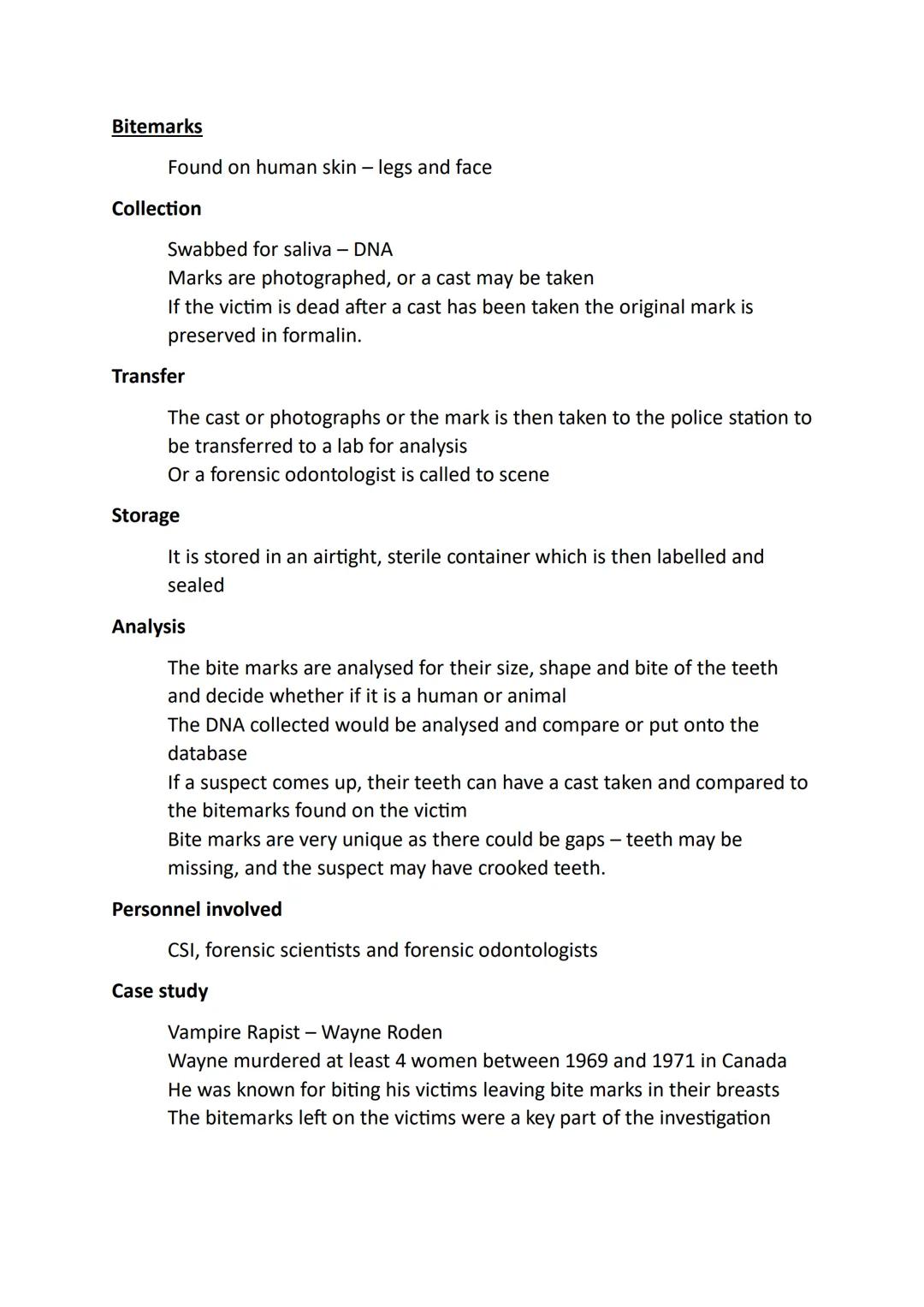 Unit 3 AC1.3 Explain how physical and testimonial evidence
is processed
6 marks / 30 minutes
PHYSICAL EVIDENCE
Blood stains
Collection
Trans