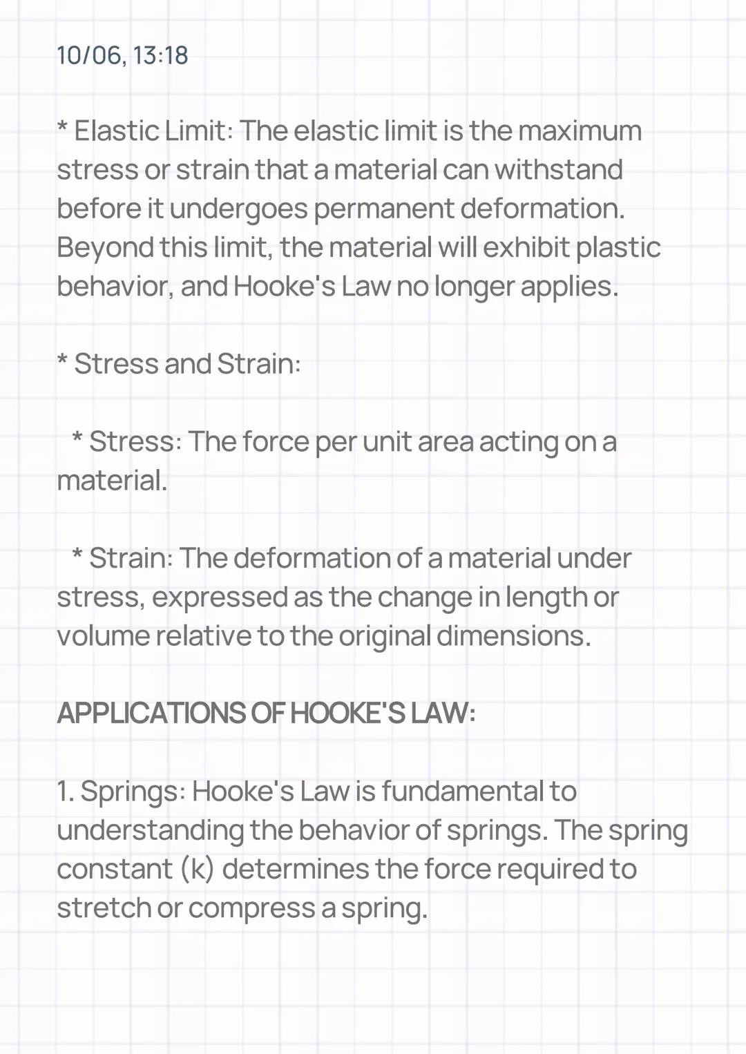10/06, 13:18
ELASTICITY: HOOKE'S LAW
INTRODUCTION:
Hooke's Law describes the elastic behavior of
materials. It states that the force requi