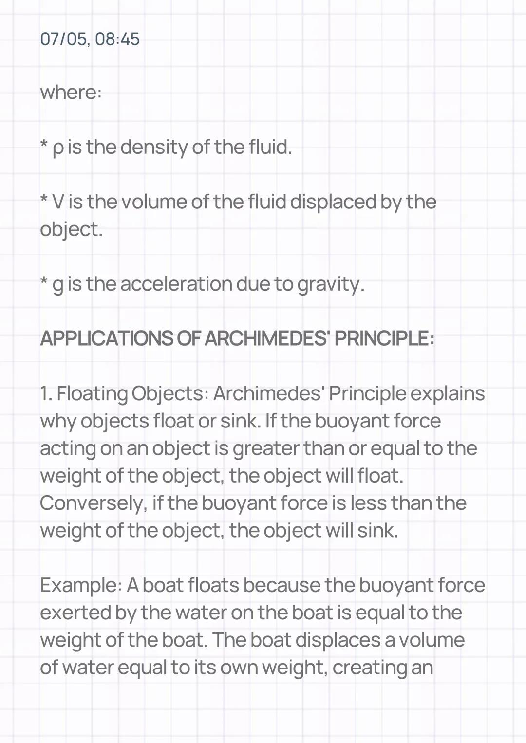07/05, 08:45
PRESSURE PART 3: ARCHIMEDES'
PRINCIPLE
INTRODUCTION:
Archimedes' Principle, a fundamental concept in
fluid mechanics, explains