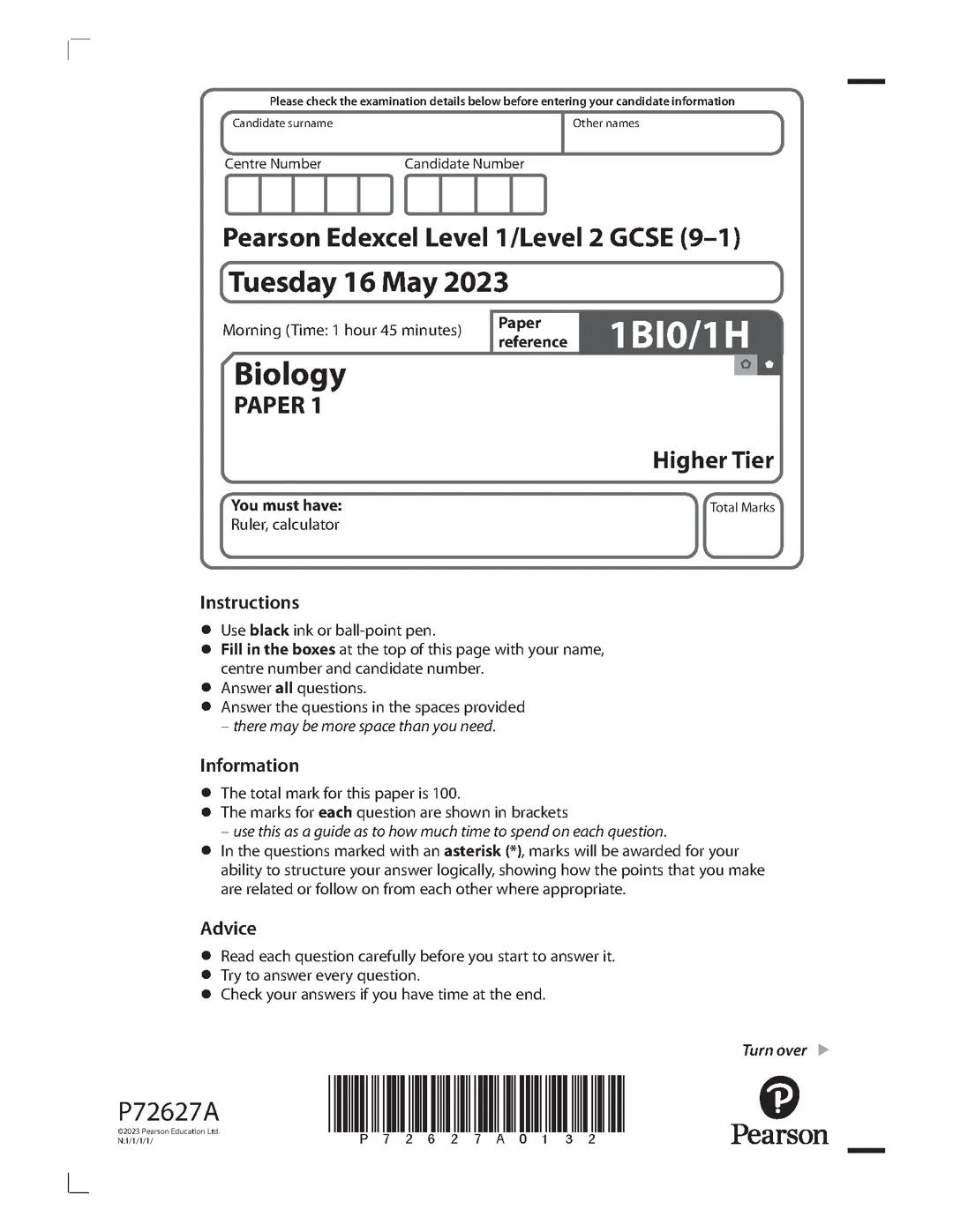 Biology Edexcel Triple Science Higher Paper 1