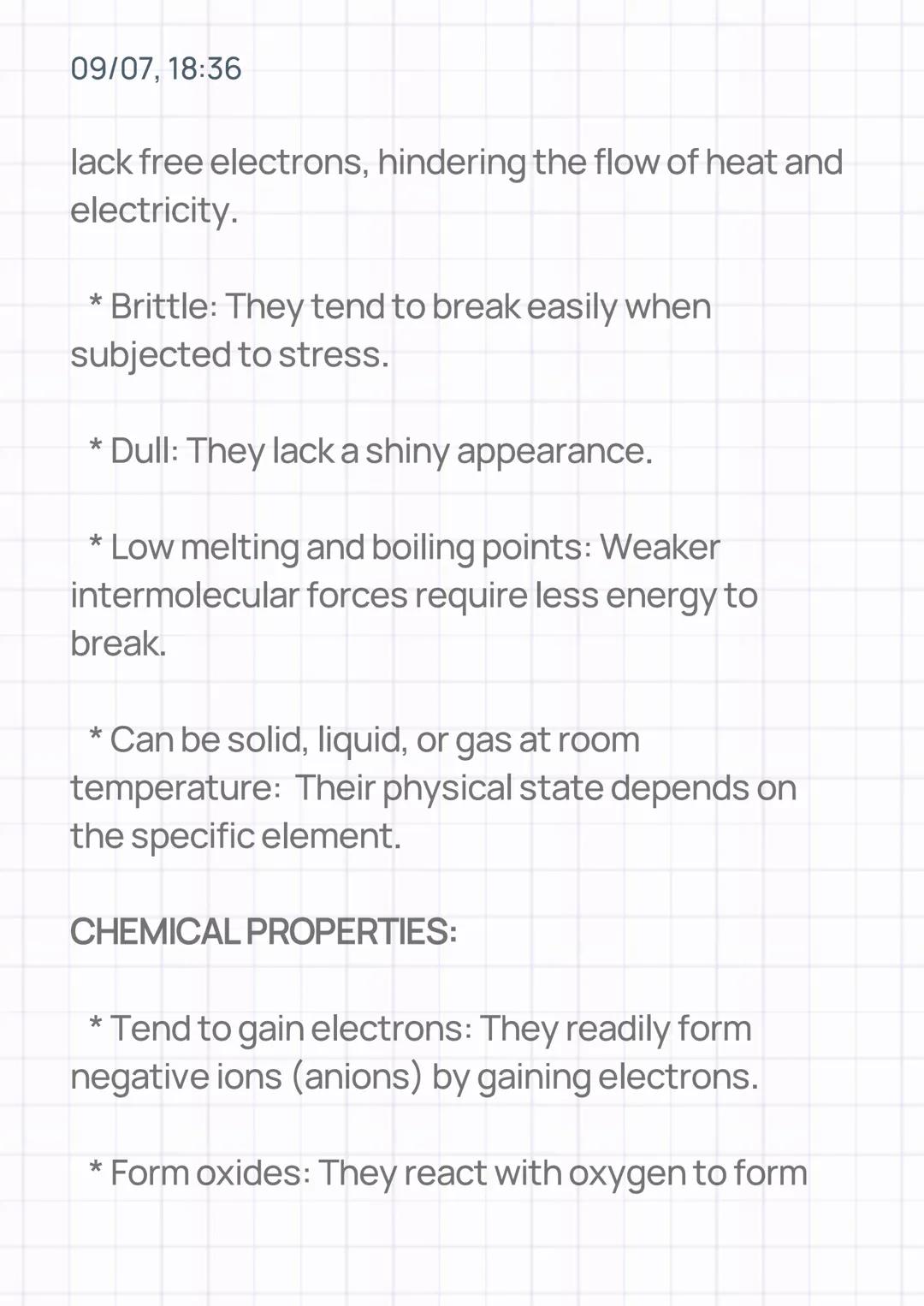 09/07, 18:36
# METALS AND NON METALS
METALS:
PHYSICAL PROPERTIES:
* Good conductors of heat and electricity: Due
to the presence of fr