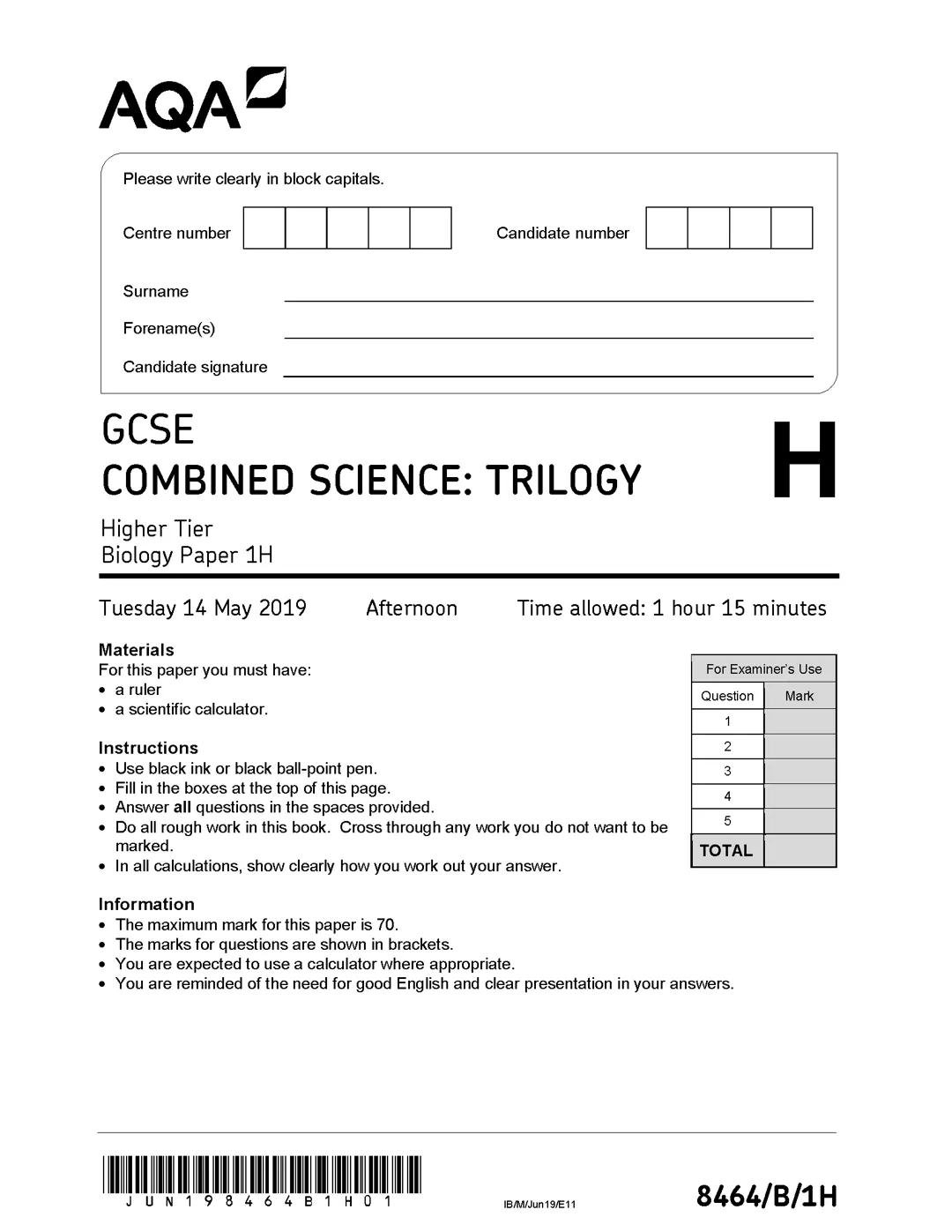 Combined Science :Biology paper 1 higher tier