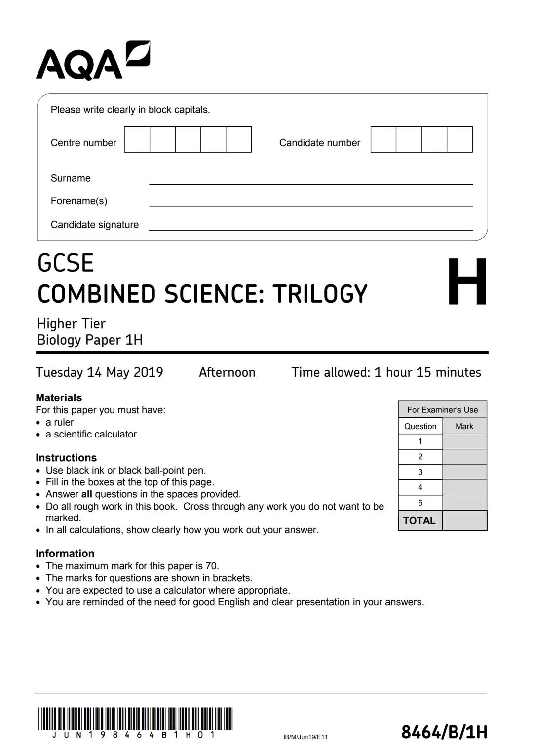 AQA
Please write clearly in block capitals.
Centre number
Candidate number
Surname
Forename(s)
Candidate signature
GCSE
COMBINED SCIENCE: TR