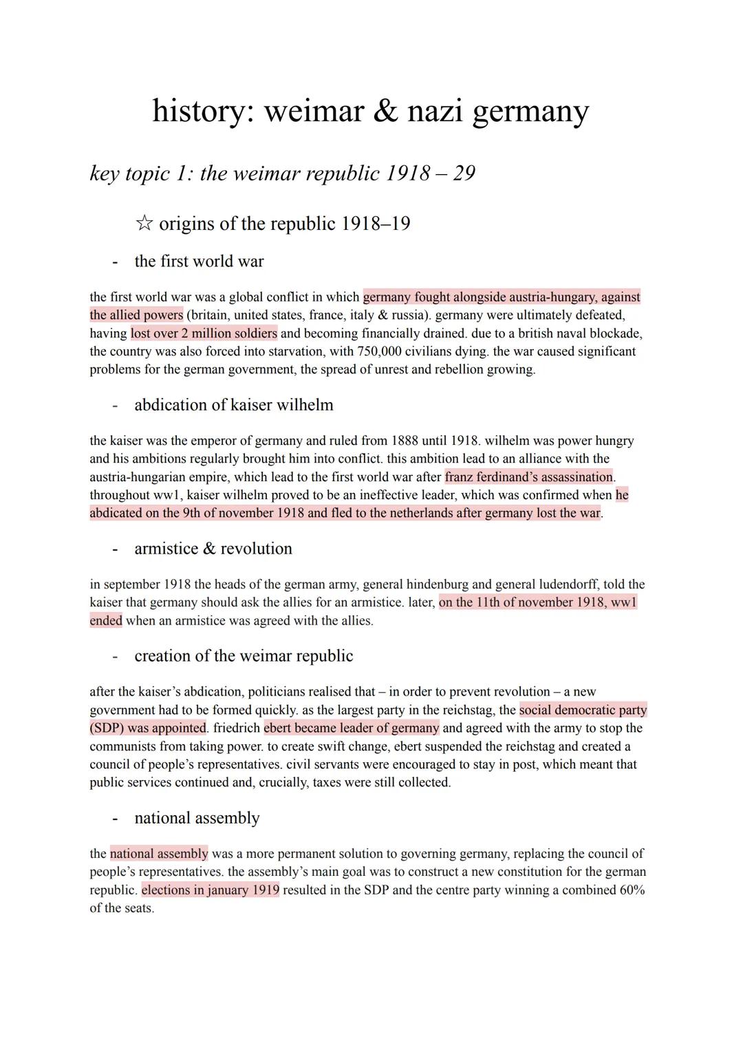 history: weimar & nazi germany
key topic 1: the weimar republic 1918-29
origins of the republic 1918-19
the first world war
the first world