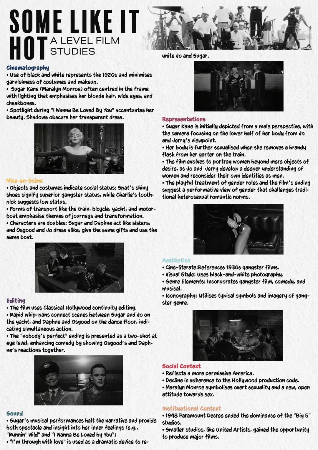 # SOME LIKE IT
HOT
A LEVEL FILM
STUDIES
## Cinematography
* Use of black and white represents the 1920s and minimises
garnishness of cost