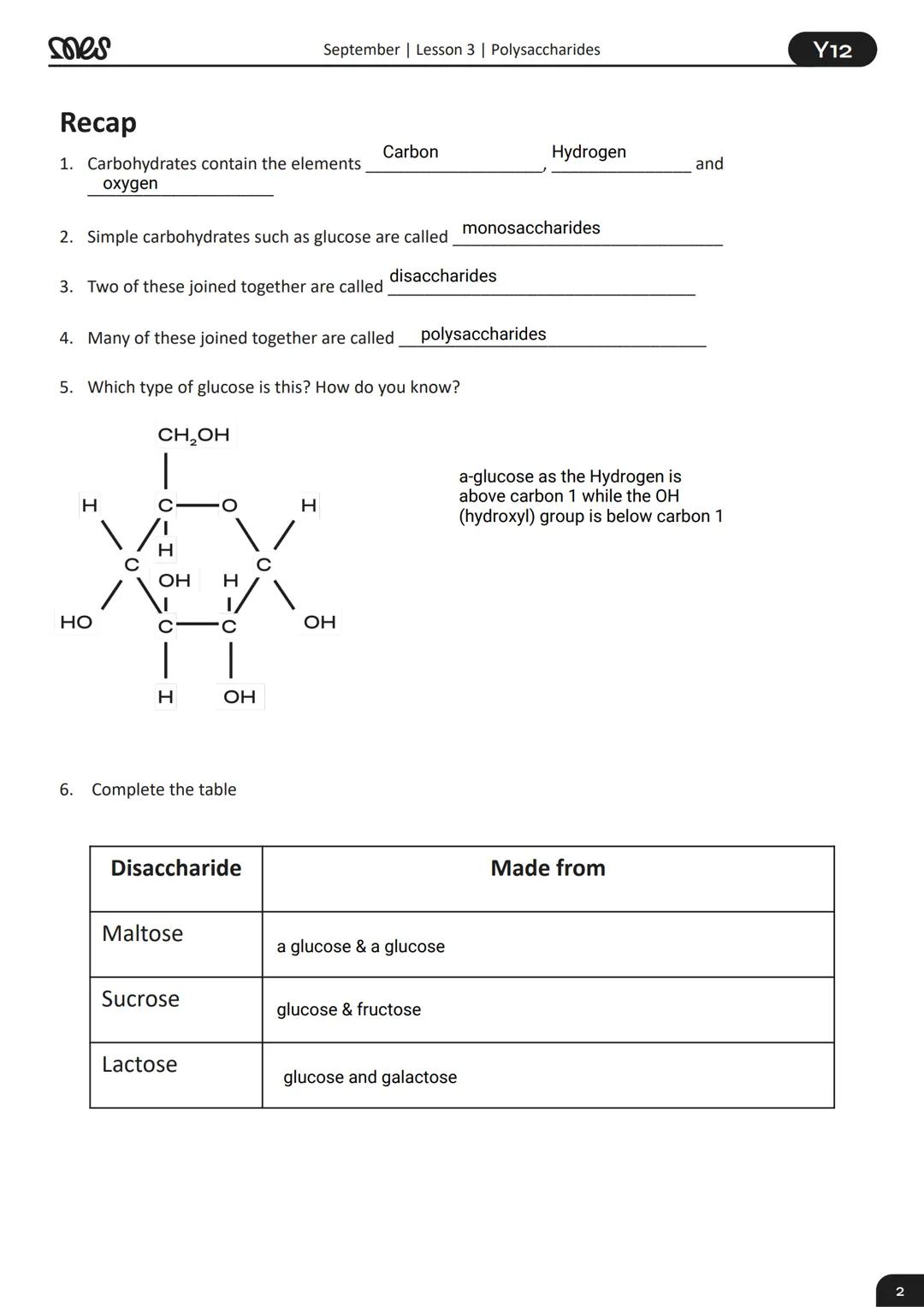 Year 12
BIOLOGY
September | Lesson 3
Polysaccharides
WORKBOOK
Soes
myedspace.co.uk mes
Recap
September | Lesson 3 | Polysaccharides
1. Carbo
