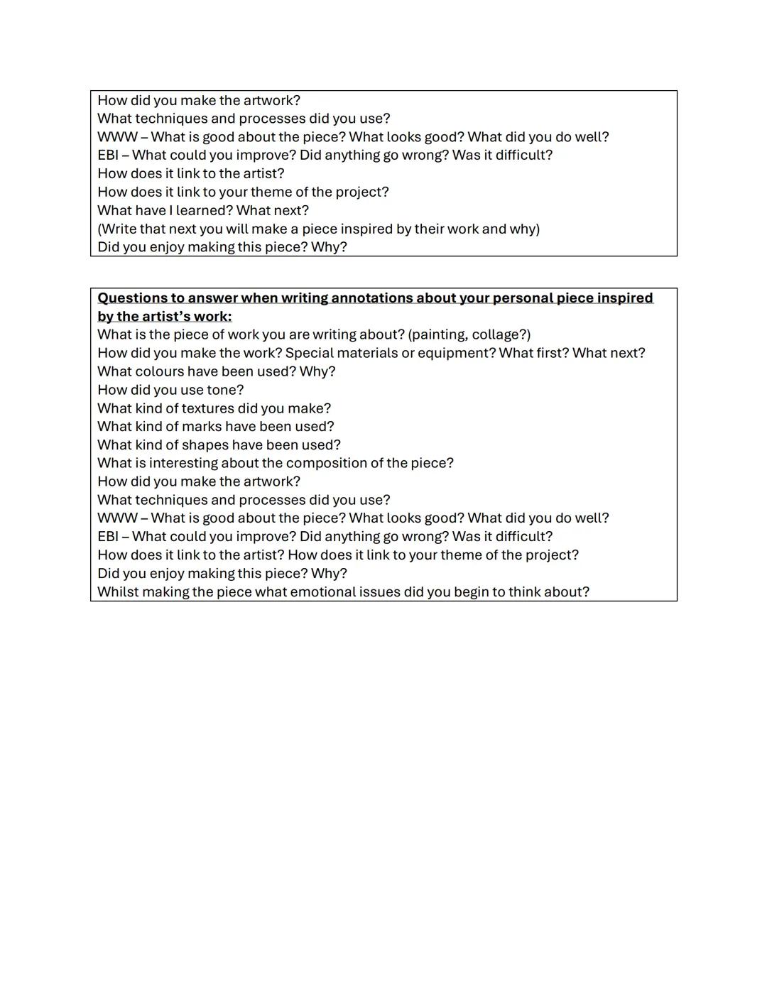 What to include for an artist research page:
✓ Title with the artist's name At least four photos of the artist's work Artist
information pag