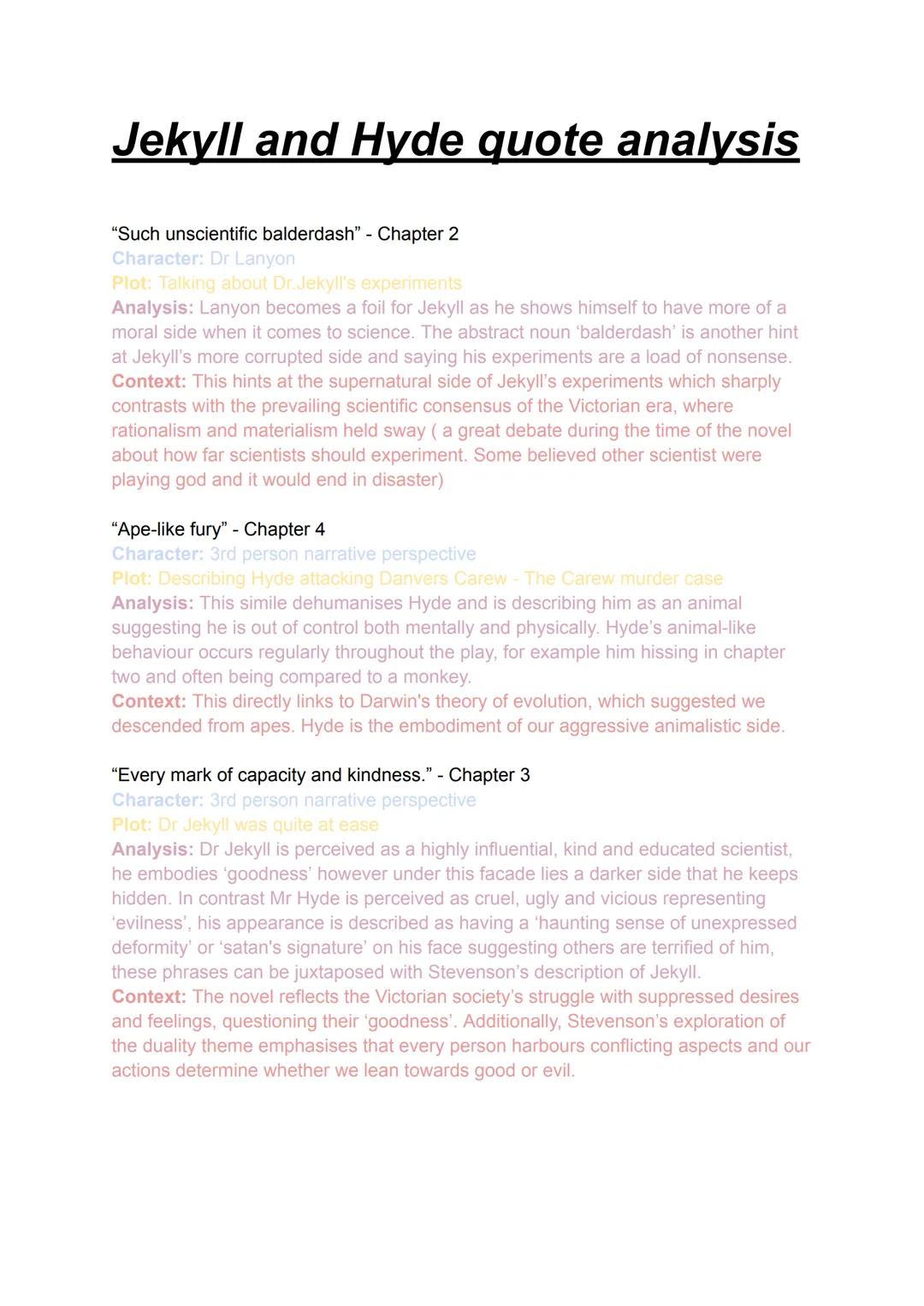Jekyll and Hyde quote analysis
"Such unscientific balderdash" - Chapter 2
Character: Dr Lanyon
Plot: Talking about Dr.Jekyll's experiments
A
