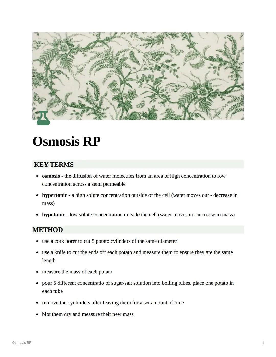 Osmosis RP
Osmosis RP
KEY TERMS
• osmosis - the diffusion of water molecules from an area of high concentration to low
concentration across