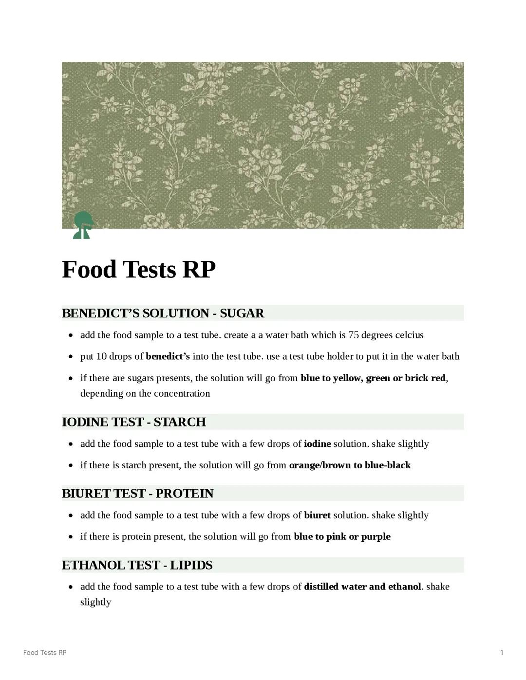 Food Tests Requied Practical