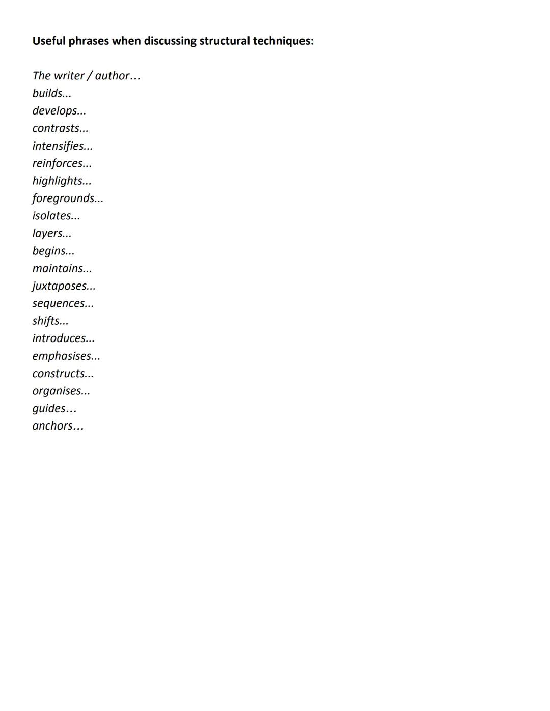 # Language and Structural Techniques
Language | Structure
---|---
Noun: a person, place, thing, idea | Simple sentence: contains one clause