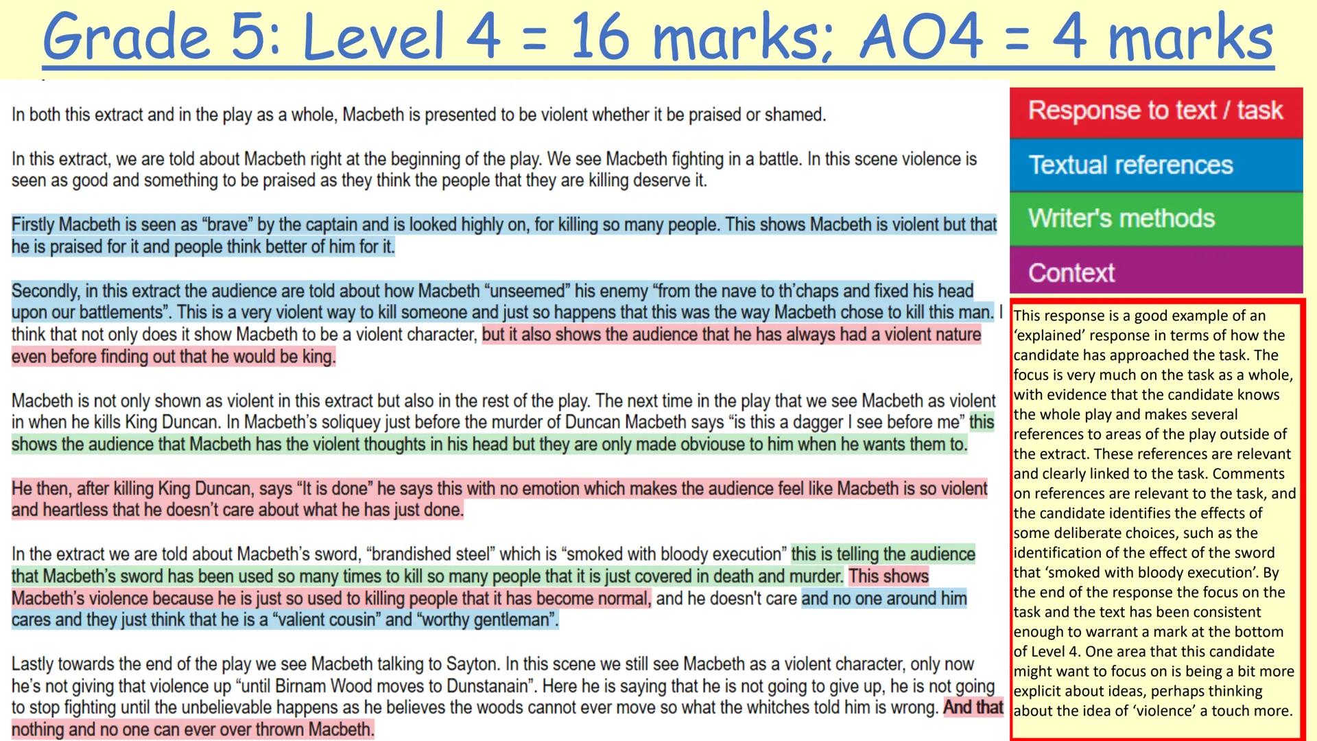 English Literature
Model Answers Macbeth Model Answers Grade 9: Level 6 = 30 marks; AO4 = 4 marks
Shakespeare presents Macbeth as a violent