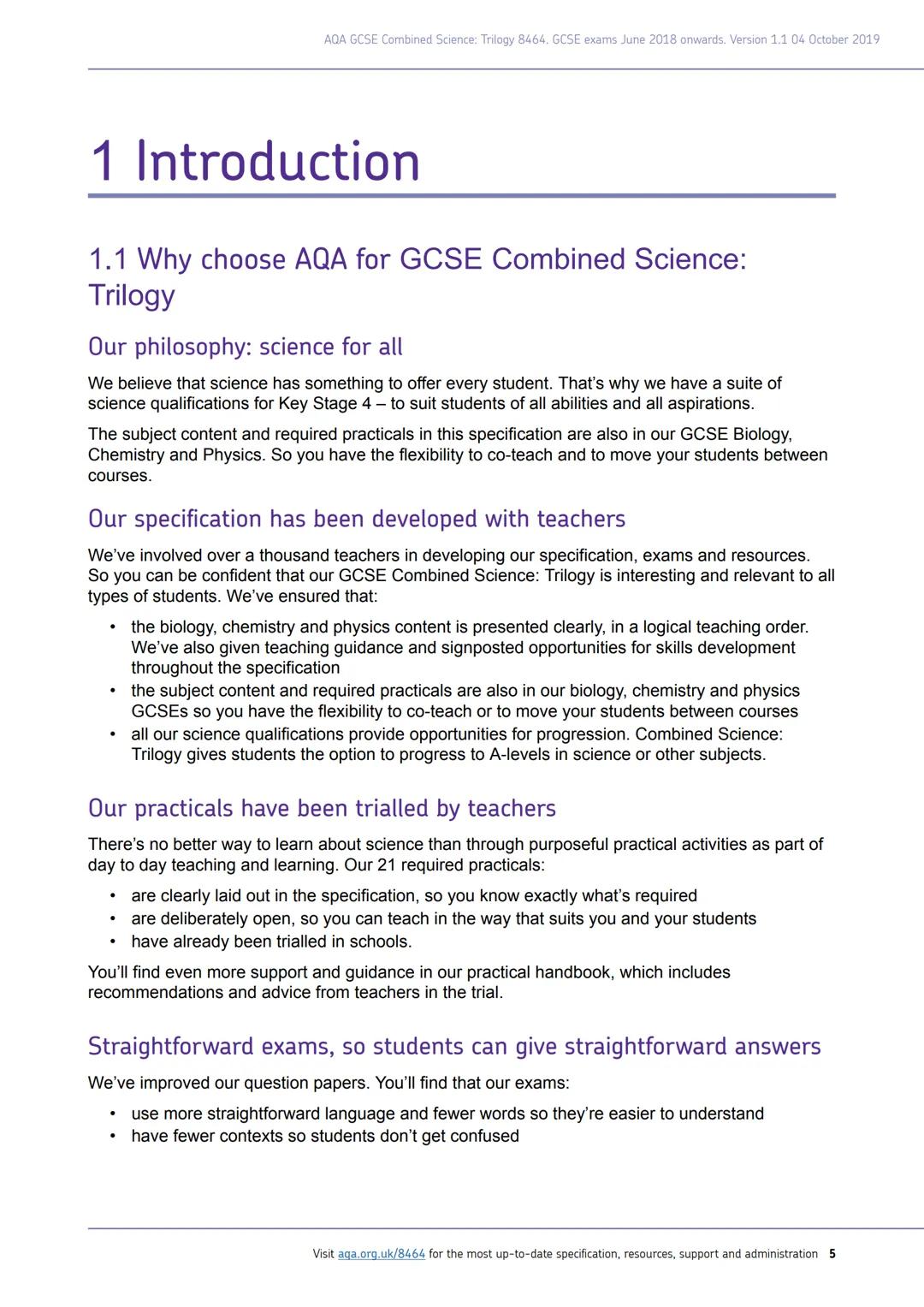 AQA
Realising potential
GCSE
COMBINED
SCIENCE:
TRILOGY
(8464)
Specification
For teaching from September 2016 onwards
For exams in 2018 onwar
