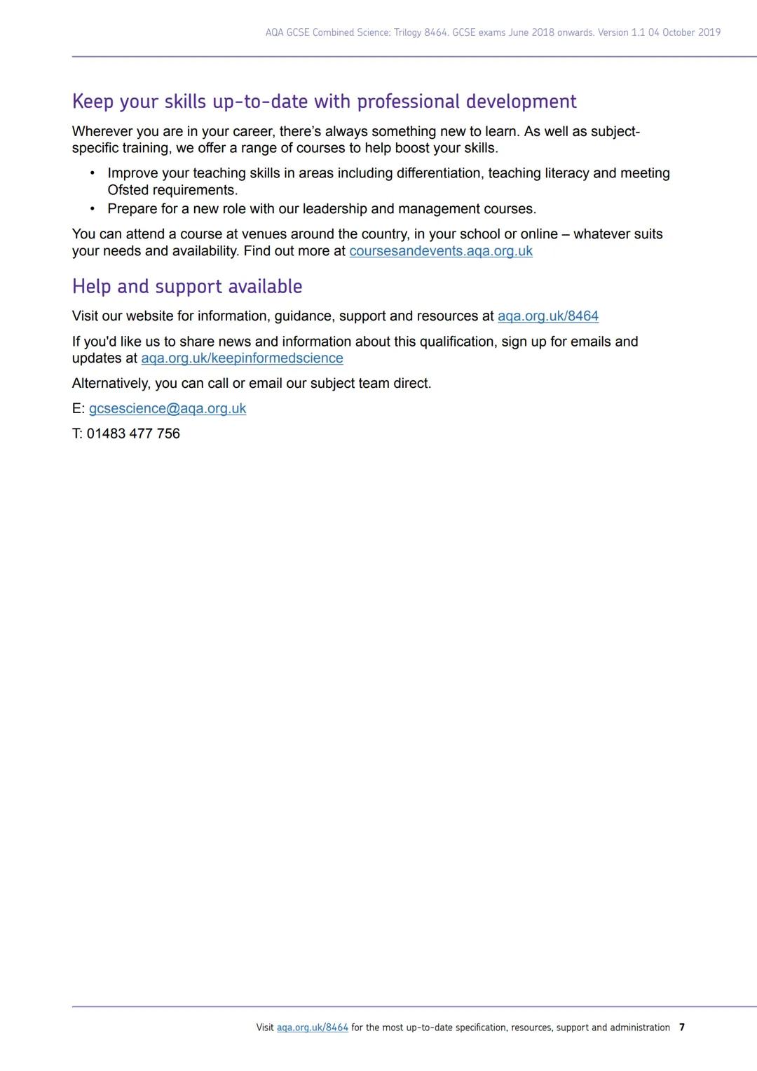 AQA
Realising potential
GCSE
COMBINED
SCIENCE:
TRILOGY
(8464)
Specification
For teaching from September 2016 onwards
For exams in 2018 onwar