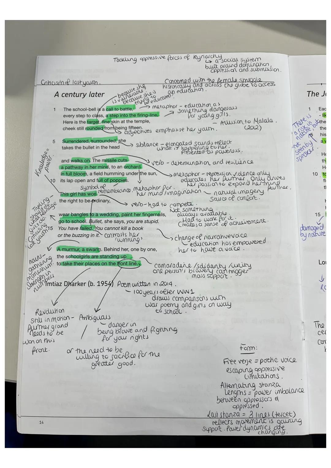Cnicism of lost yourn.
A century later
1 The school-bell is a call to battle, metaphor
every step to class, a step into the firing-line
He