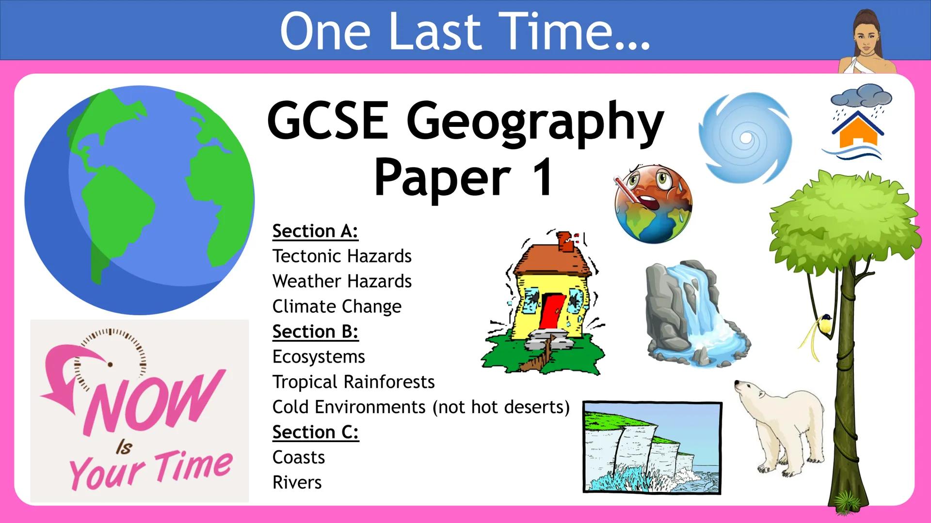 One Last Time...
GCSE Geography
Paper 1
NOW
Is
Your Time
Section A:
Tectonic Hazards
Weather Hazards
Climate Change
Section B:
Ecosystems
Tr