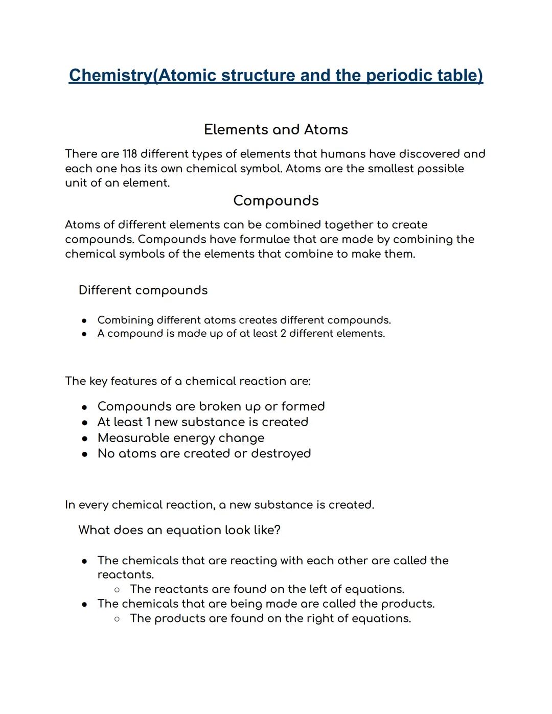 Chemistry (Atomic structure and the periodic table)
Elements and Atoms
There are 118 different types of elements that humans have discovered