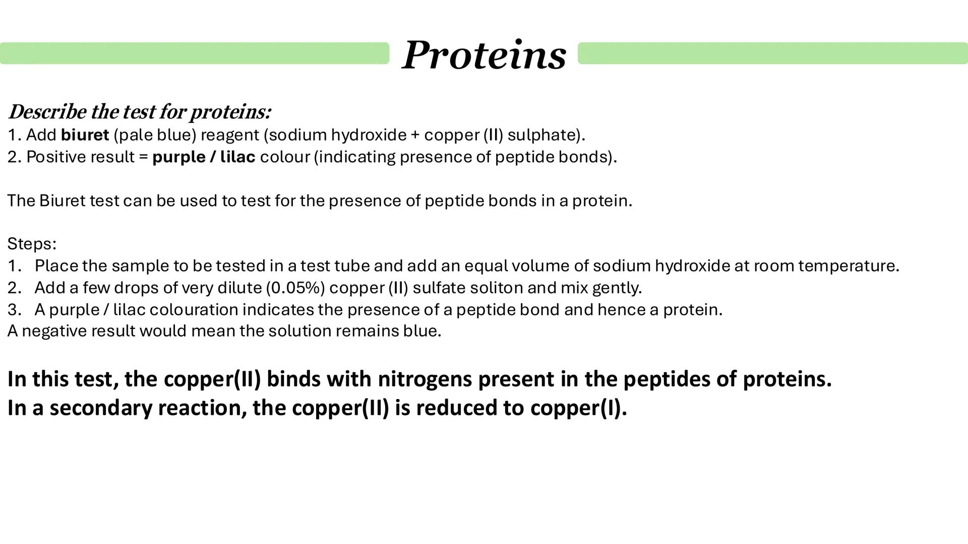 Proteins
What are proteins?
Proteins are a diverse group of large and complex polymer molecules, made up of long chains of amino acids.
→ A