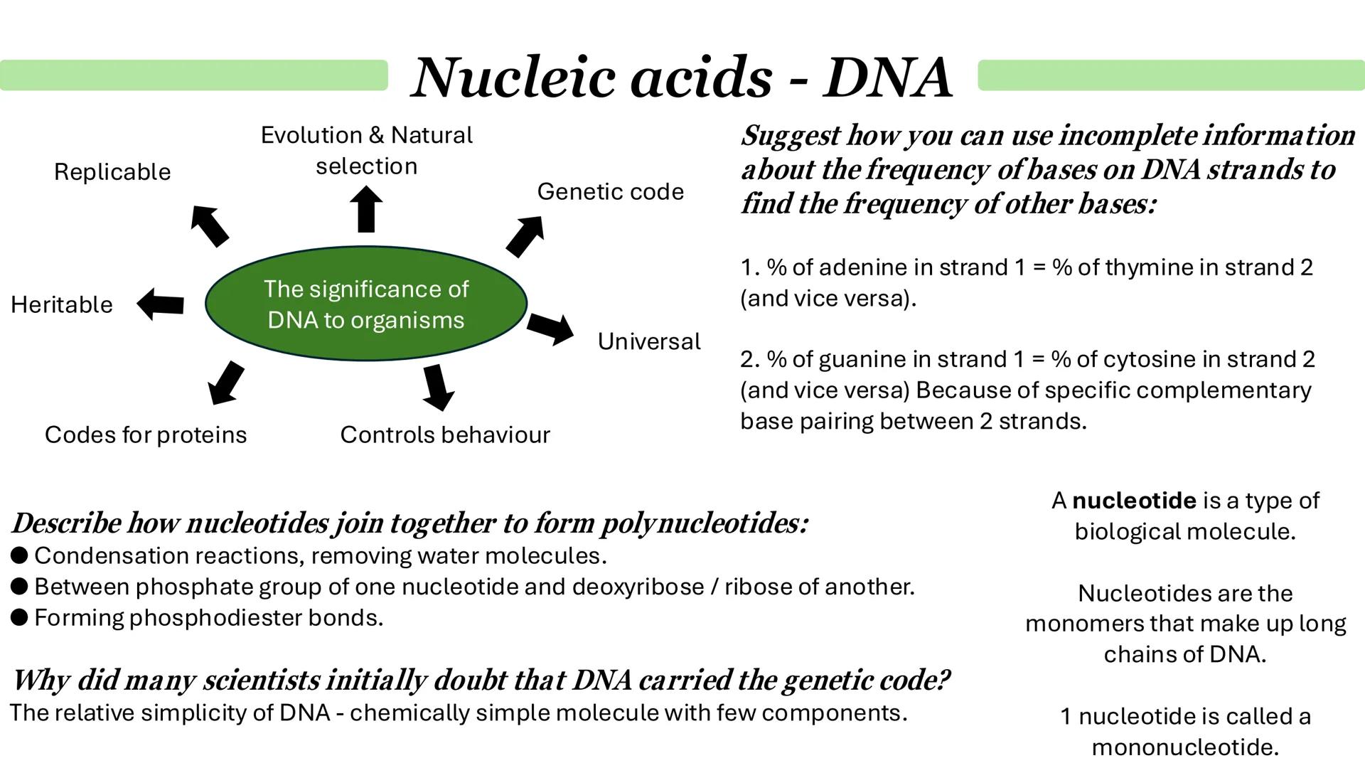 Nucleic acids - DNA
•
•
What is DNA?
It stands for deoxyribonucleic acid.
Contained in structures called chromosomes.
It a chemical that gen