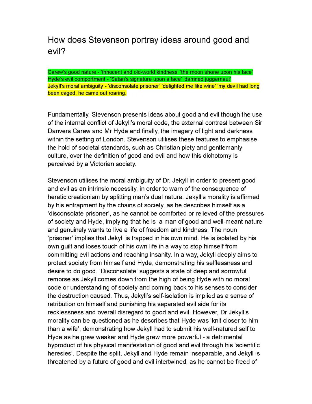 Grade 9 Elevated Mini-Essay - Jekyll and Hyde Good & Evil