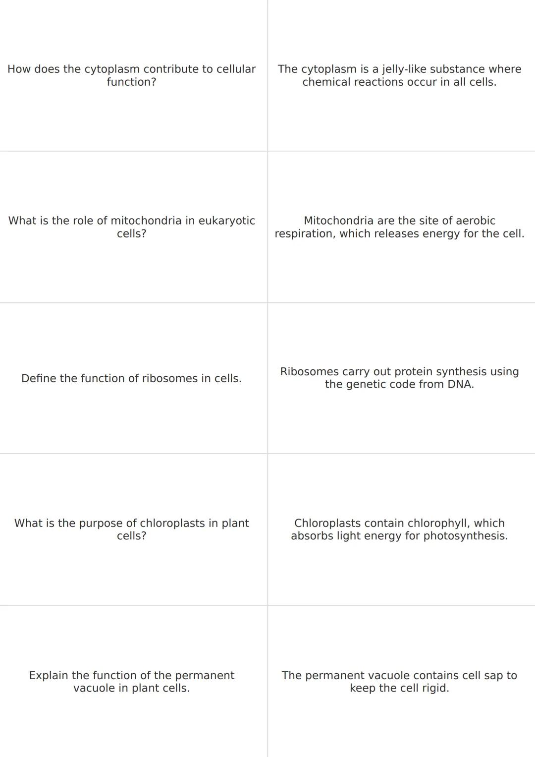 Describe the two main types of cells.
The two main types of cells are eukaryotic
and prokaryotic. Eukaryotic cells are larger
and more compl