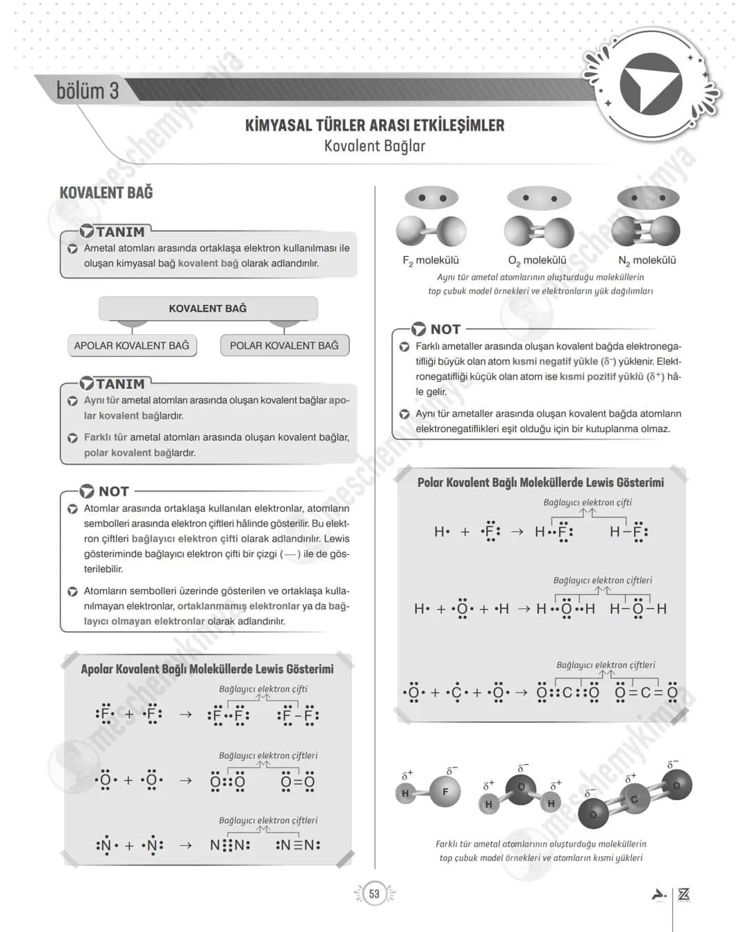 bölüm 3
KOVALENT BAĞ
KİMYASAL TÜRLER ARASI ETKİLEŞİMLER
Kovalent Bağlar
TANIM
Ametal atomları arasında ortaklaşa elektron kullanılması il