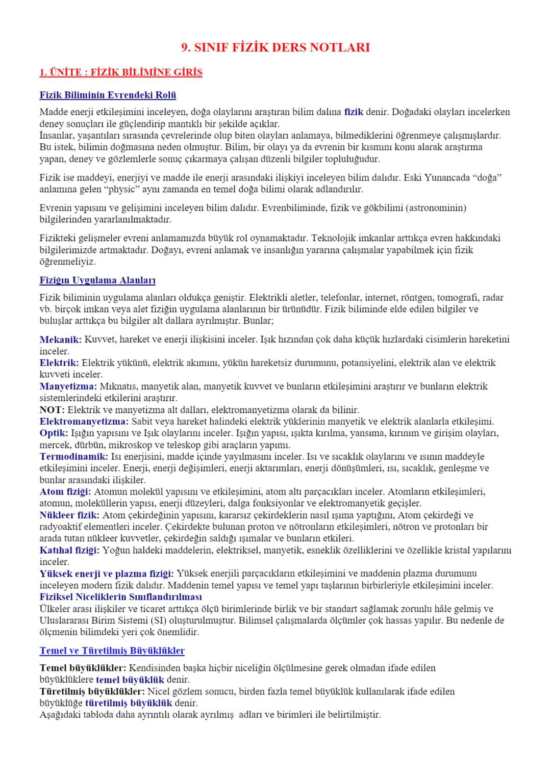 # 9. SINIF FİZİK DERS NOTLARI
# 1. ÜNİTE : FİZİK BİLİMİNE GİRİŞ
## Fizik Biliminin Evrendeki Rolü
Madde enerji etkileşimini inceleyen, do