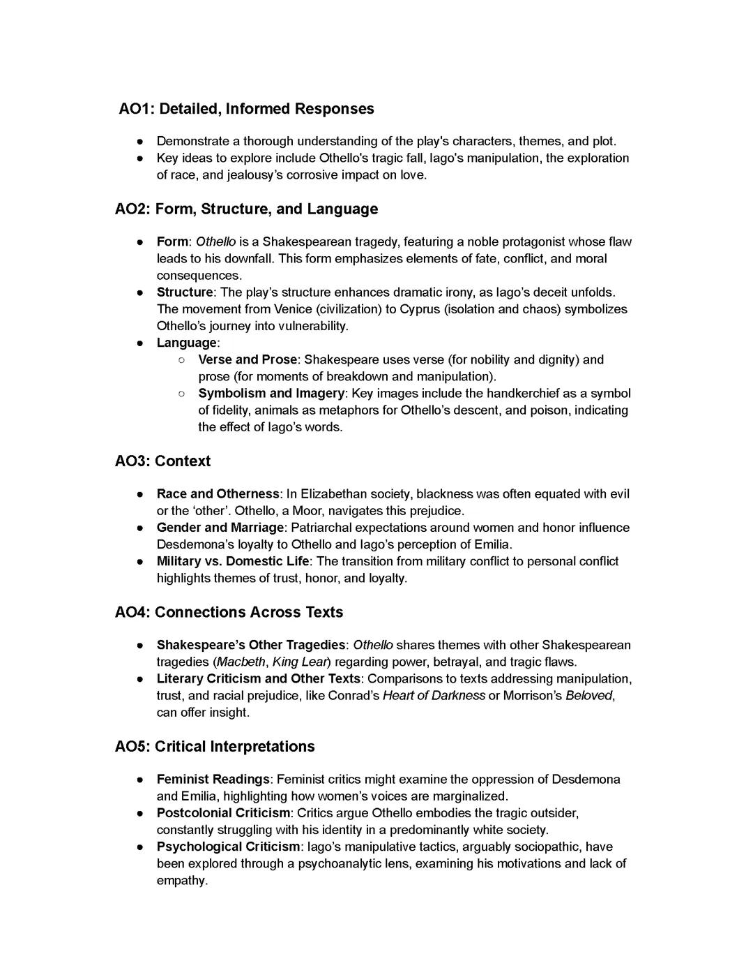 Othello Alevel AO’s and Full Notes