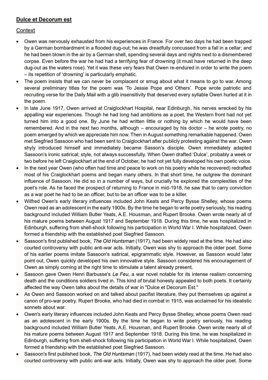 Dulce et Decorum est
Context
•
•
•
•
•
•
⋅
•
•
•
Owen was nervously exhausted from his experiences in France. For over two days he had been