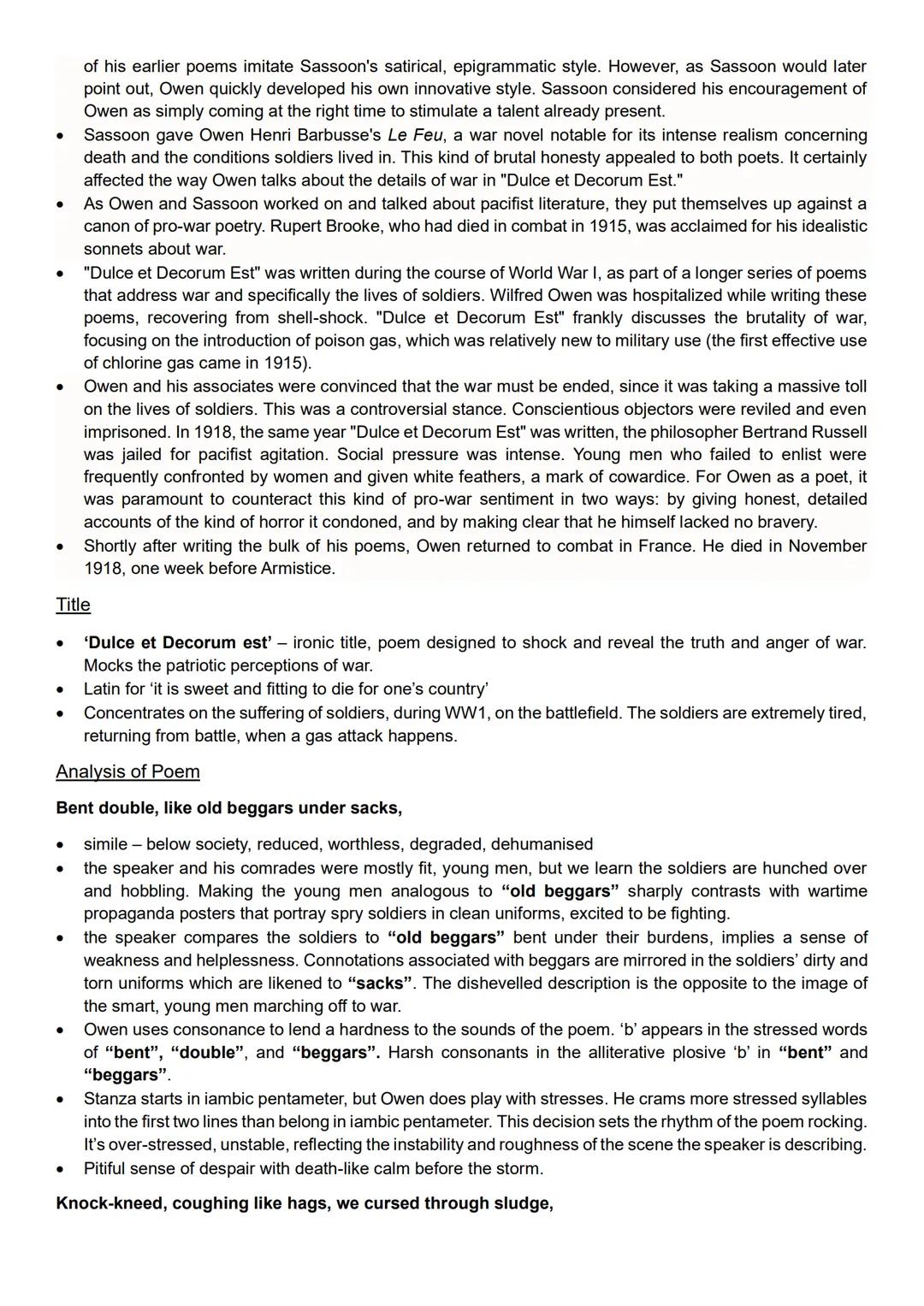 Dulce et Decorum est
Context
•
•
•
•
•
•
⋅
•
•
•
Owen was nervously exhausted from his experiences in France. For over two days he had been