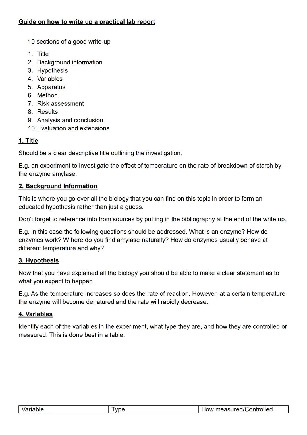 # Guide on how to write up a practical lab report
10 sections of a good write-up
1. Title
2. Background information
3. Hypothesis
4. Varia