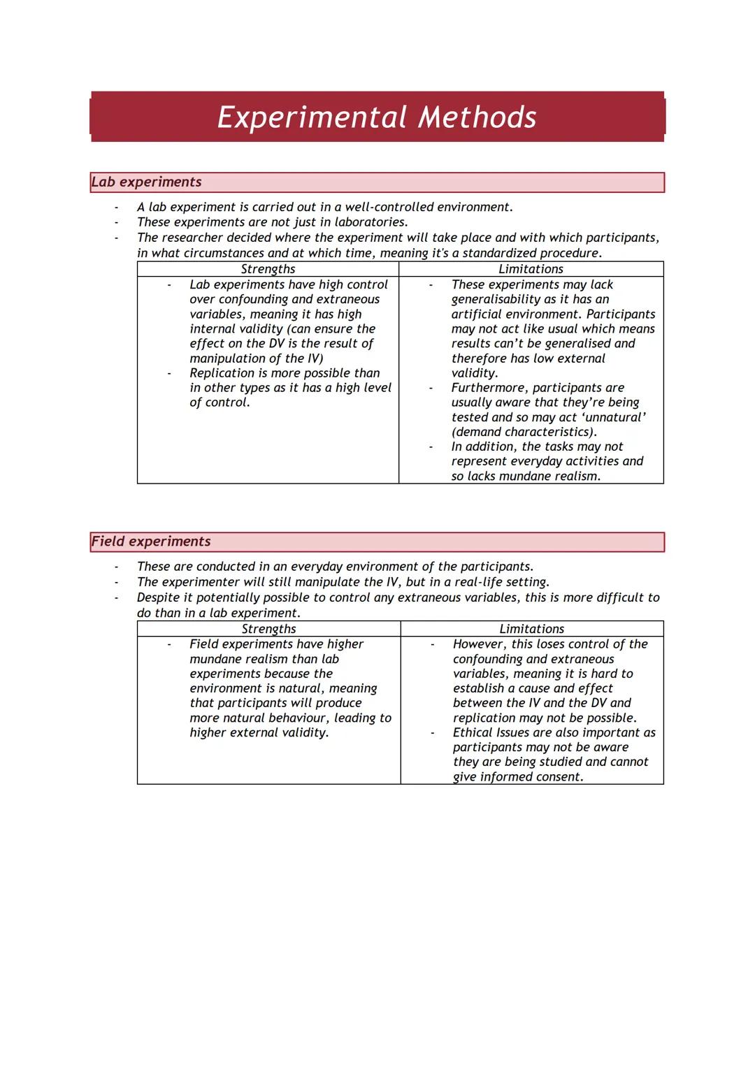 Experimental Methods
Lab experiments
A lab experiment is carried out in a well-controlled environment.
These experiments are not just in lab