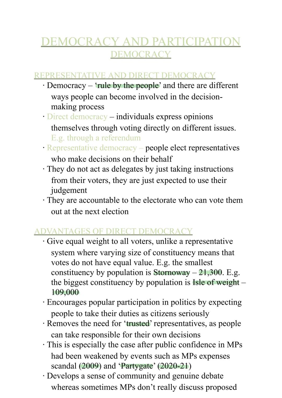 DEMOCRACY AND PARTICIPATION
DEMOCRACY
REPRESENTATIVE AND DIRECT DEMOCRACY
•
· Democracy – 'rule by the people' and there are different
ways